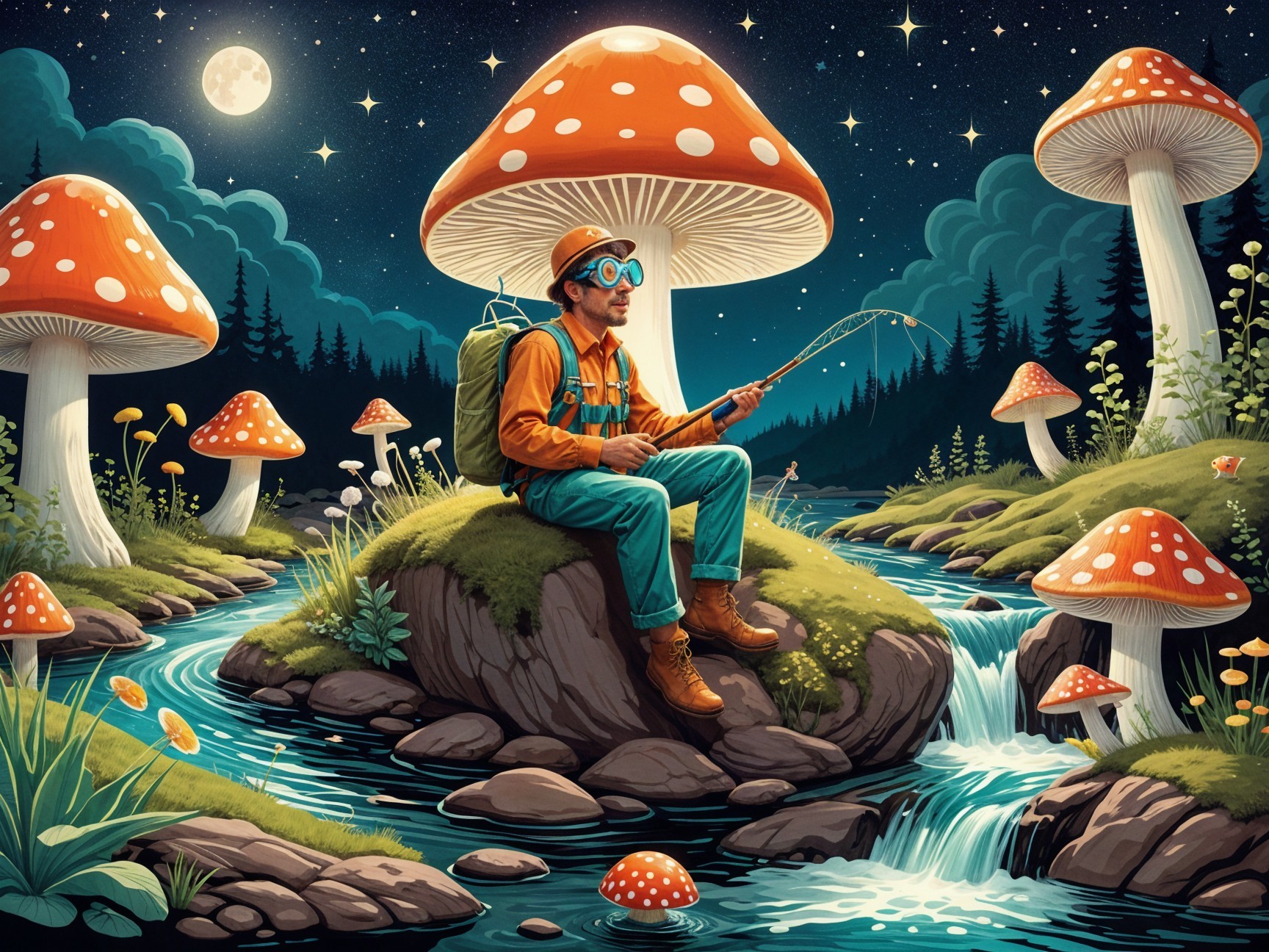 Fisherman on Rock Surrounded by Giant Mushrooms