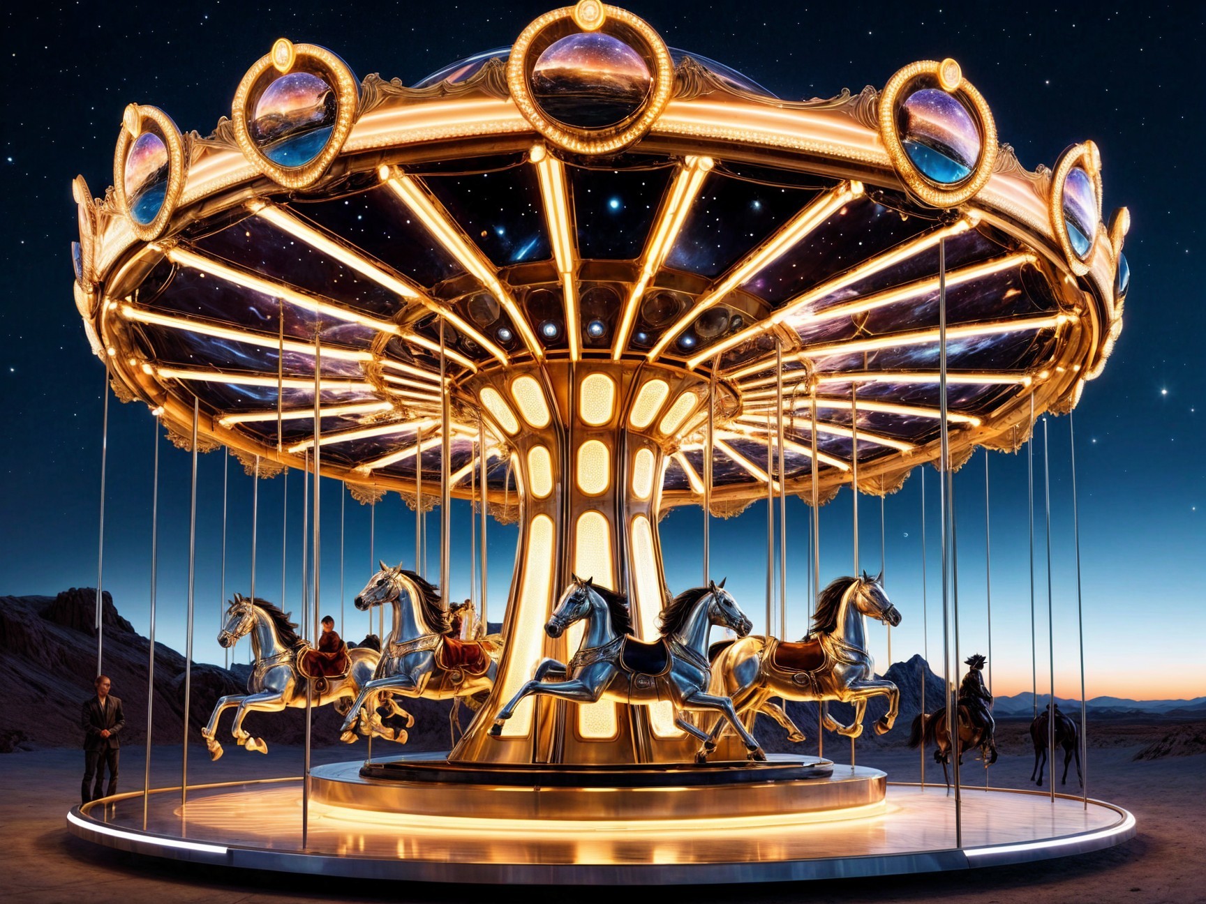 Illuminated Carousel Under Starry Night Sky