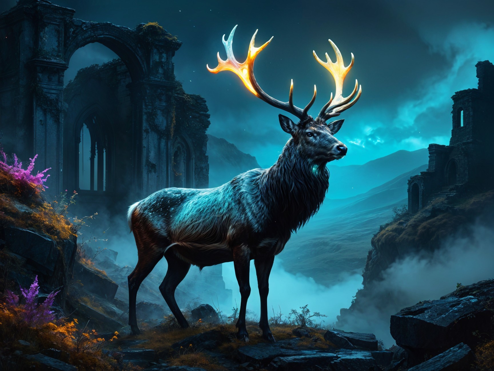 Majestic stag with glowing antlers in mystical ruins