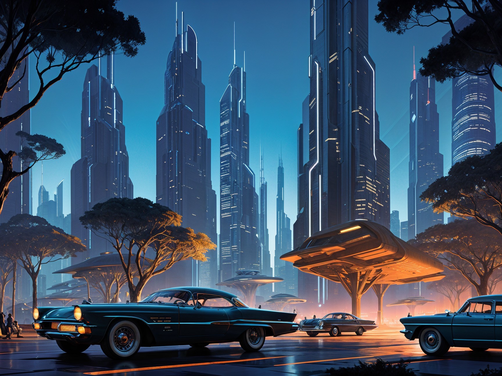 Futuristic Cityscape with Classic Cars and Modern Design