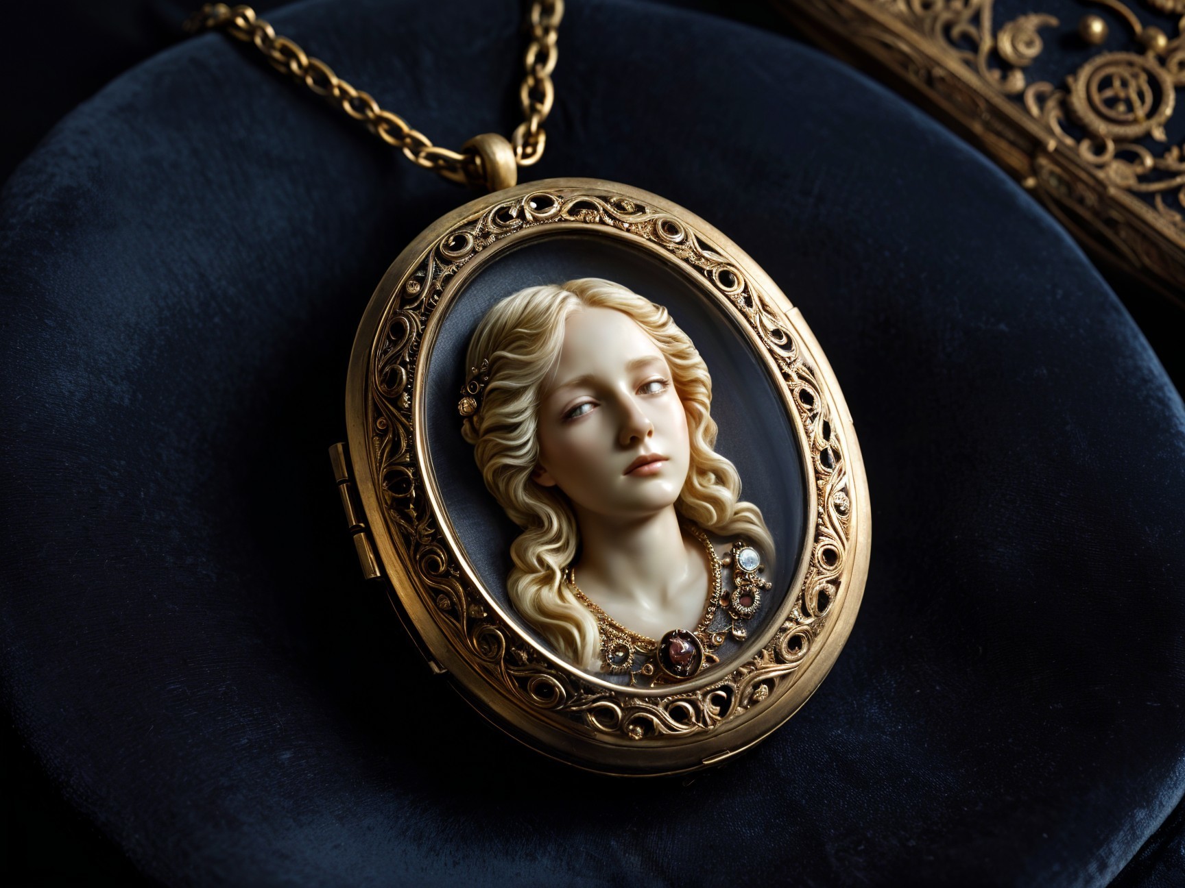 Ornate golden locket on deep blue velvet surface