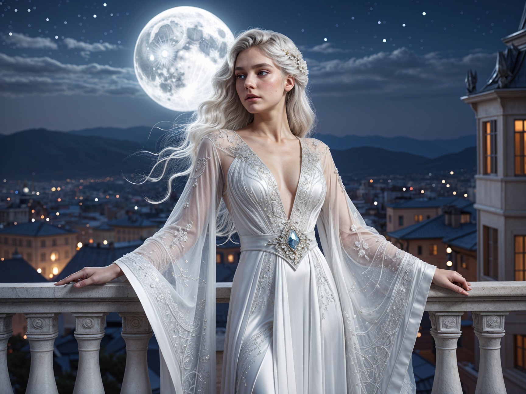 Young Woman in Elegant Gown on Moonlit Balcony