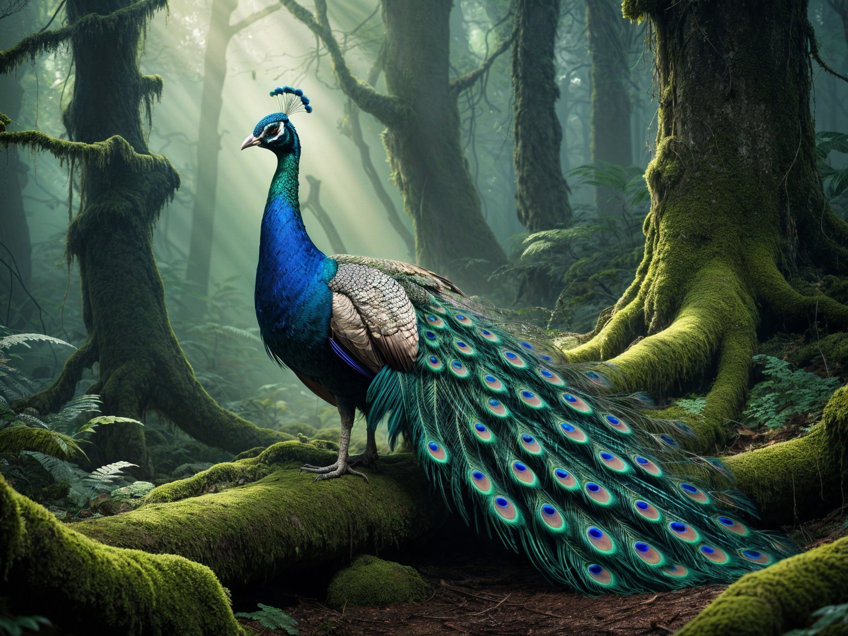 Majestic Peacock on Moss-Covered Log in Misty Forest