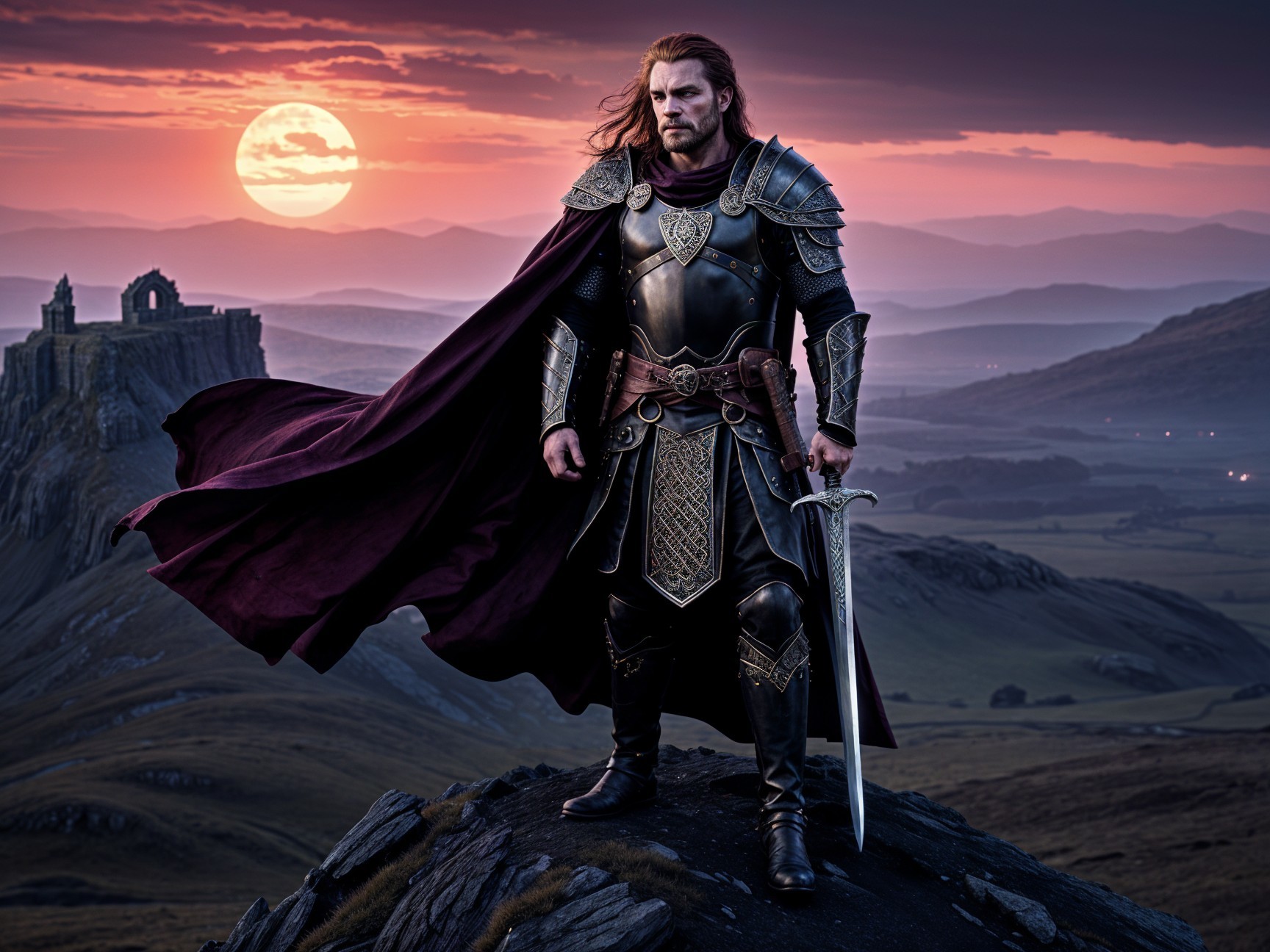 Heroic Figure in Armor with Castle at Sunset