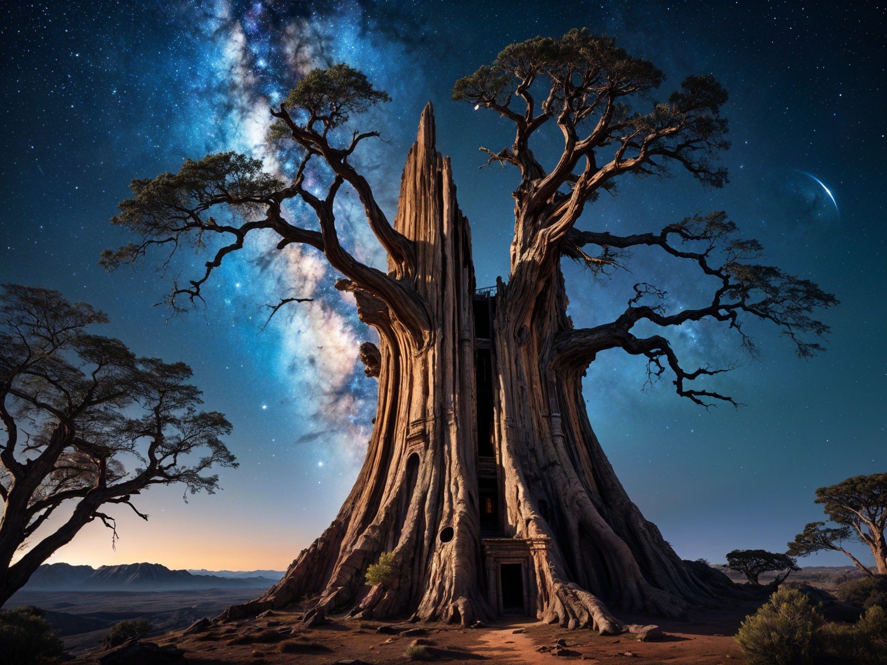 Ancient Tree Under Starry Night Sky with Mountains
