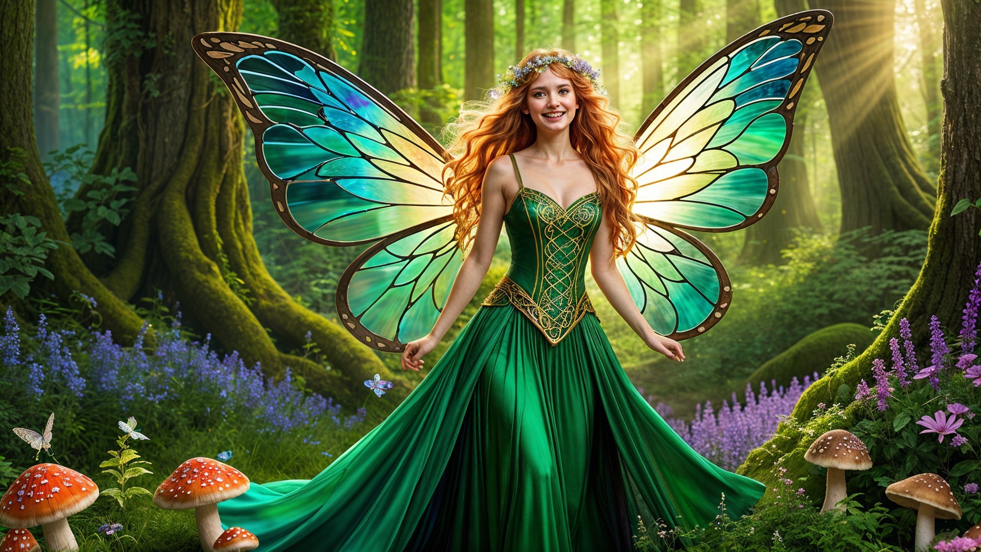 Fairy in Enchanted Forest with Butterfly Wings