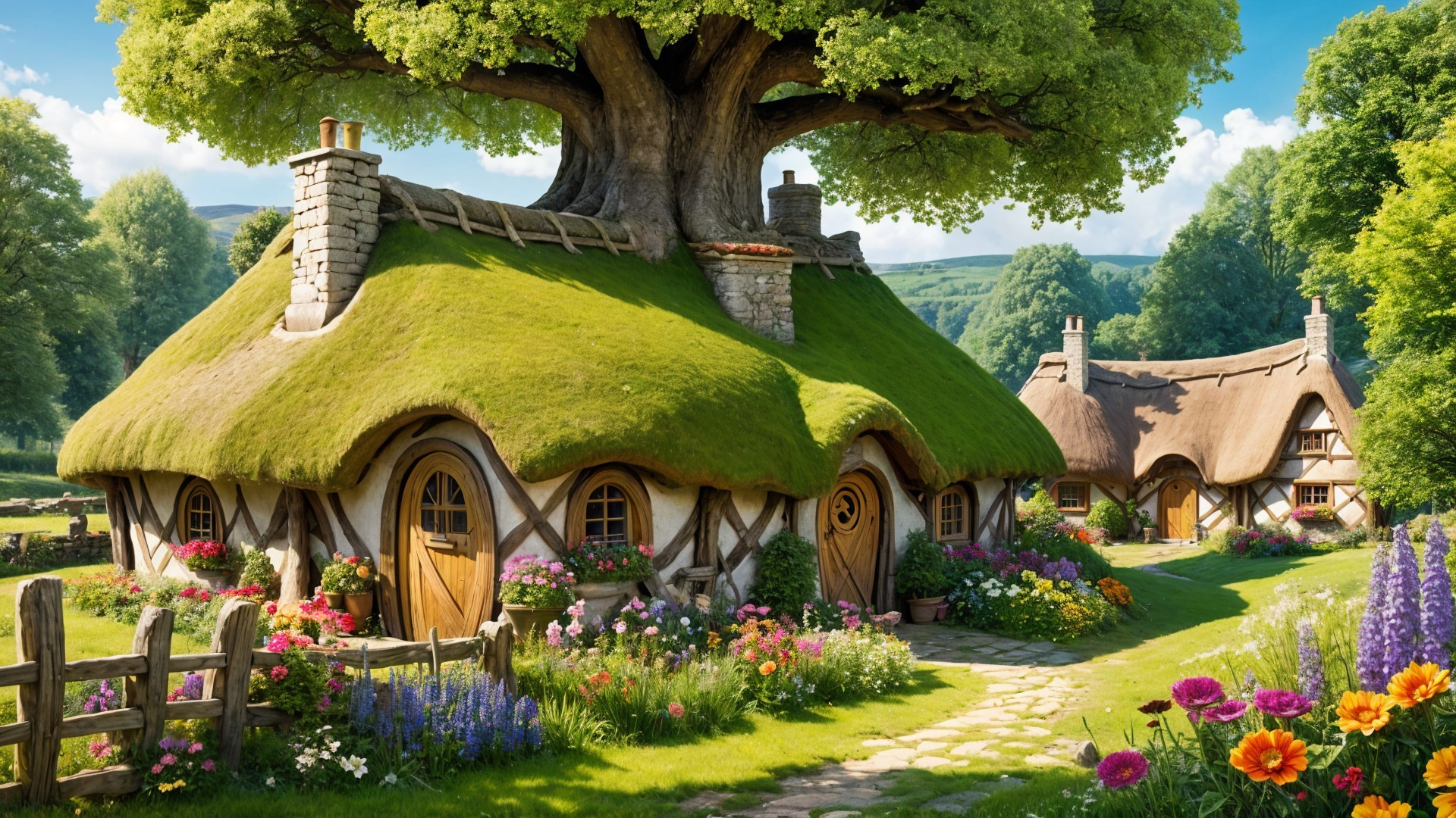 Whimsical Cottage in a Flower-Filled Garden