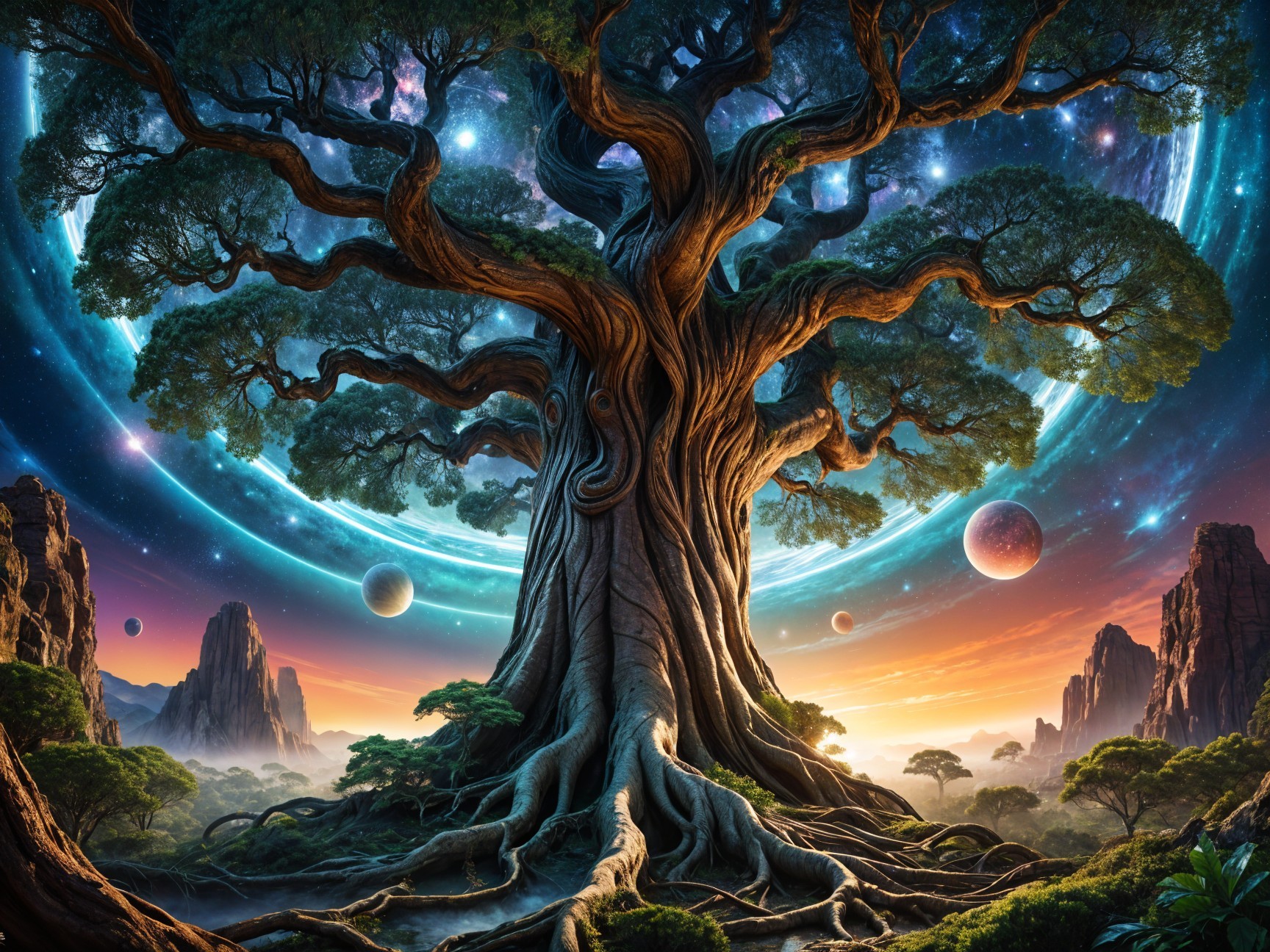 Ancient Tree in Cosmic Landscape with Vibrant Colors
