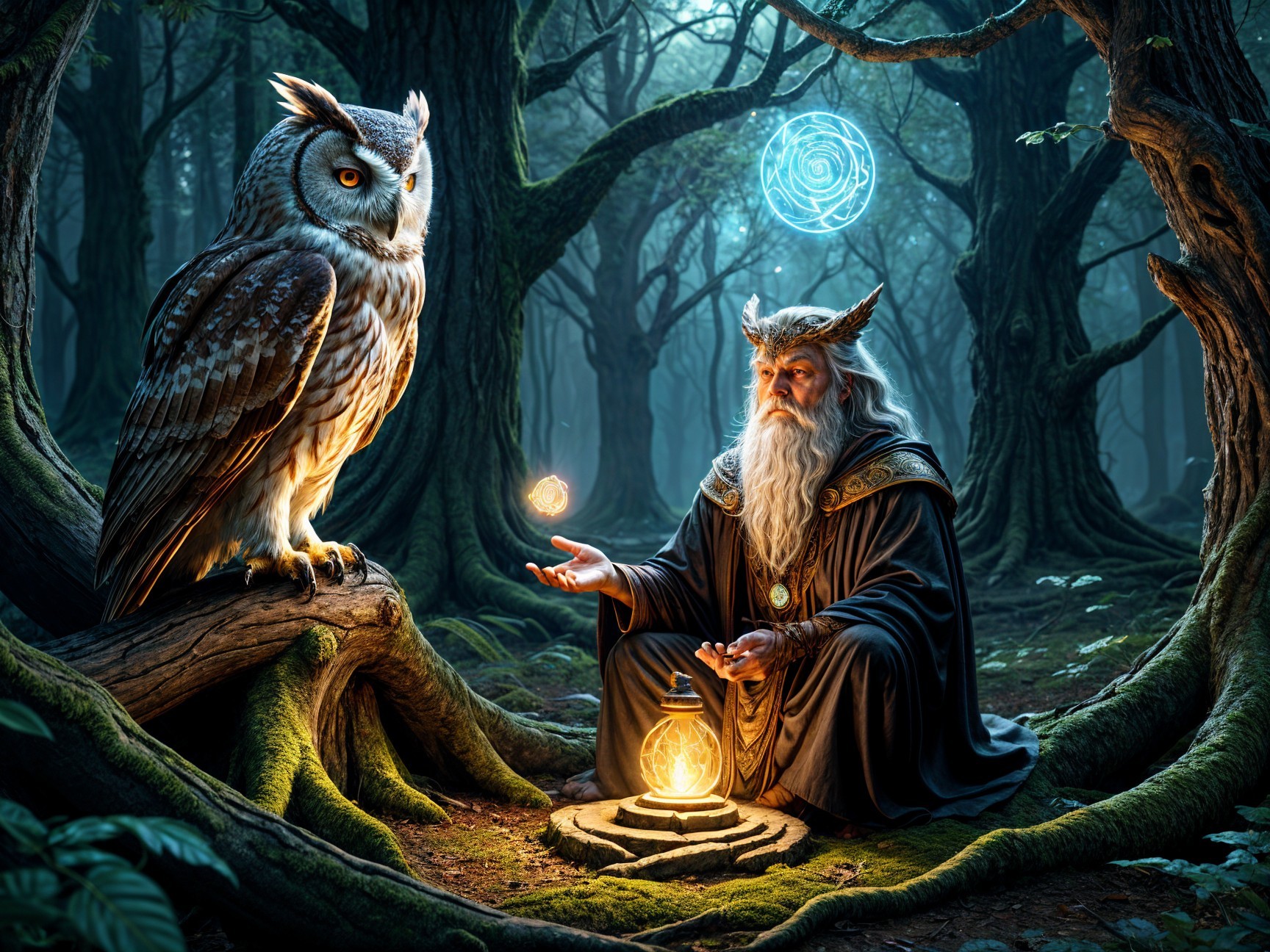 Mystical forest scene with a wizard and owl
