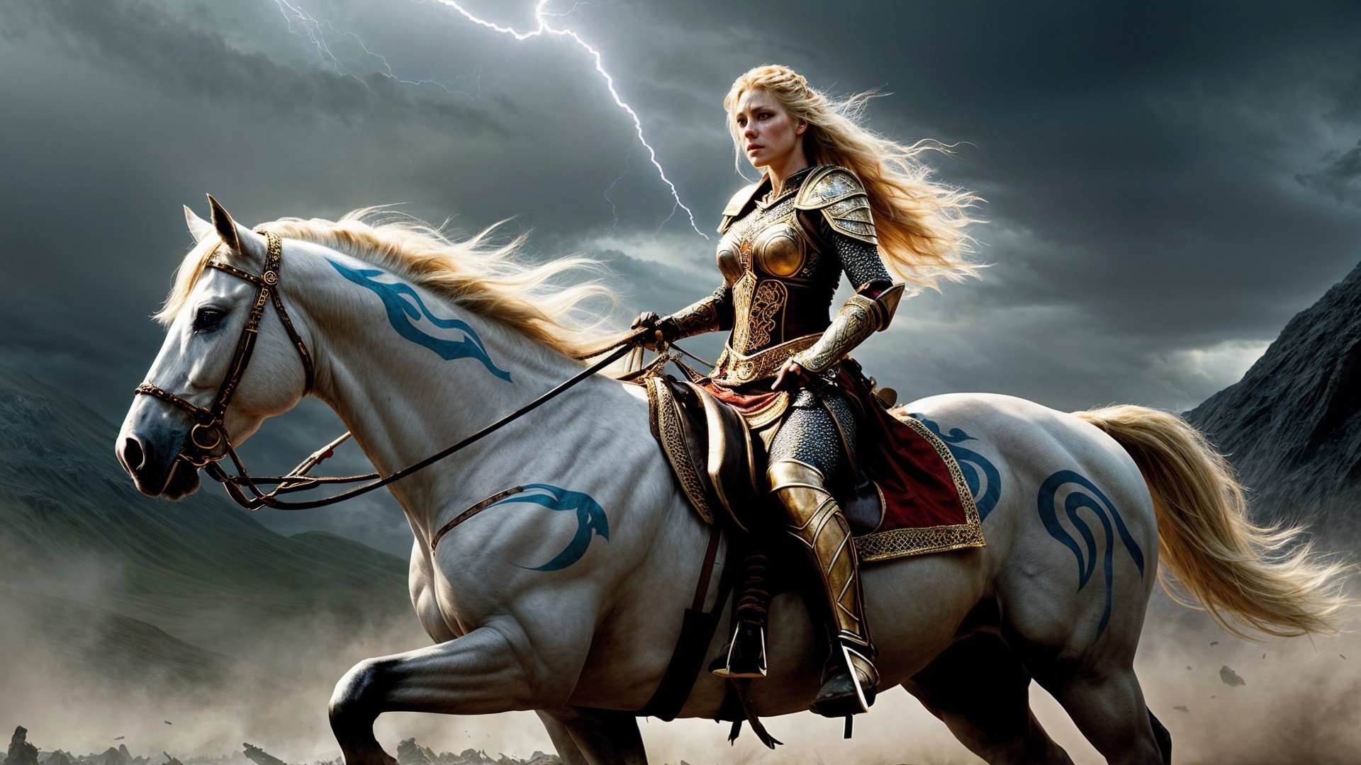 Warrior on White Horse in Stormy Landscape