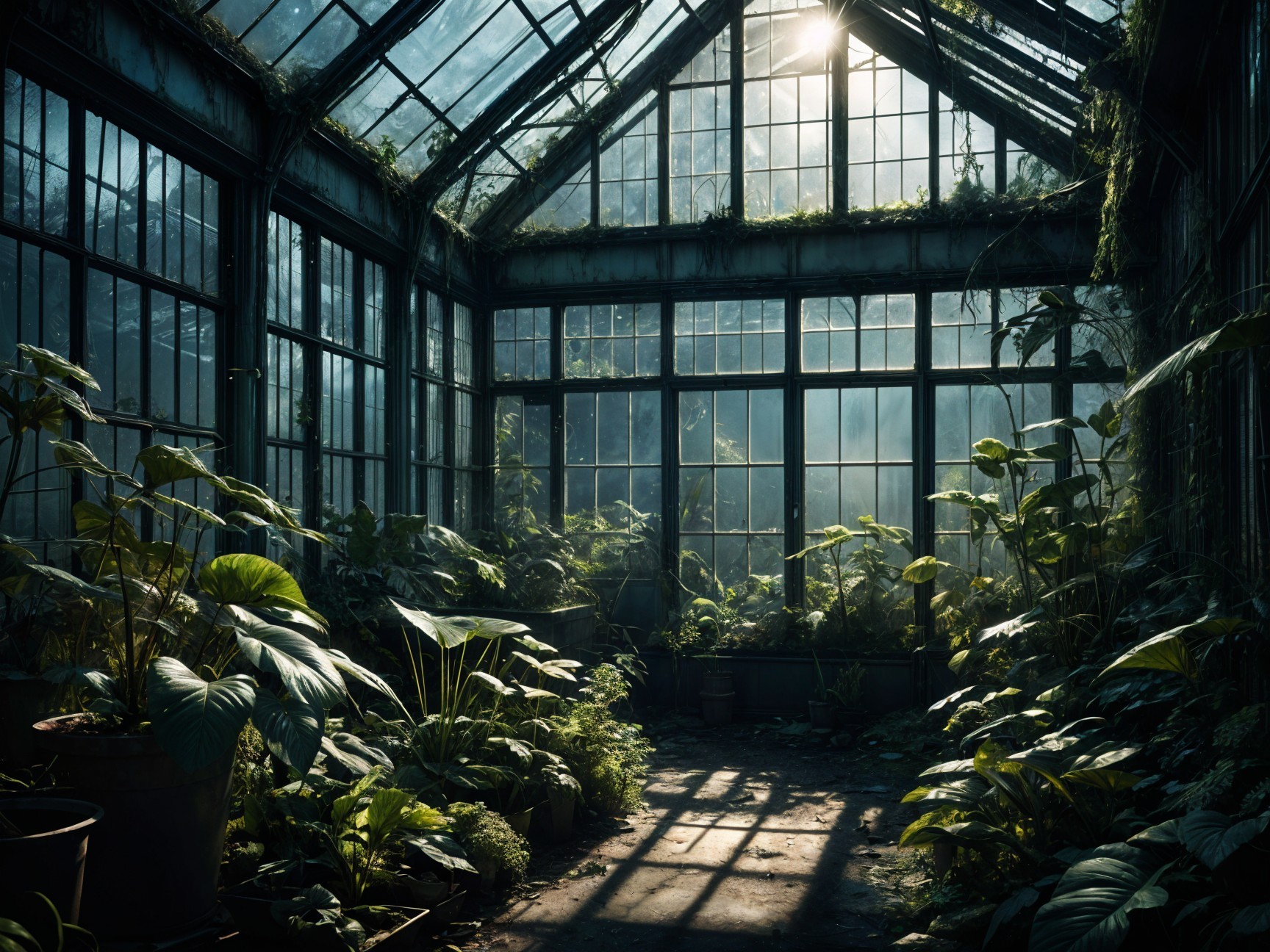 Overgrown greenhouse with sunlight and lush plants