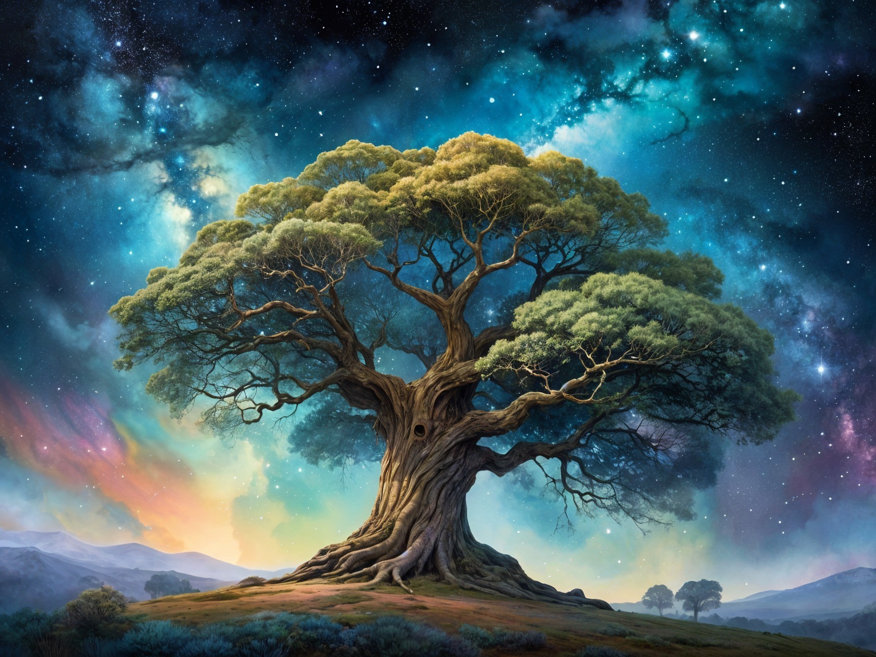 Ancient Tree Against Cosmic Backdrop with Galaxies