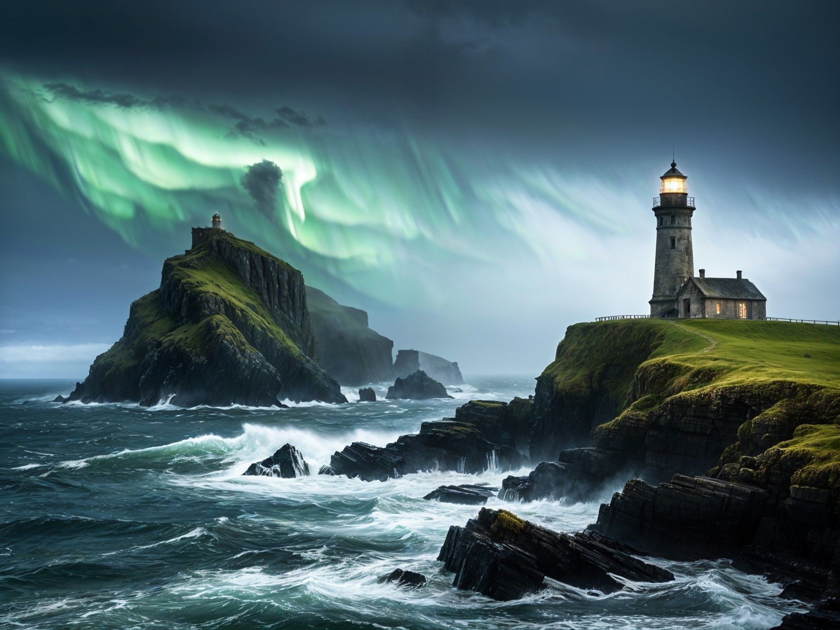 Coastal Scene with Lighthouses and Aurora Borealis