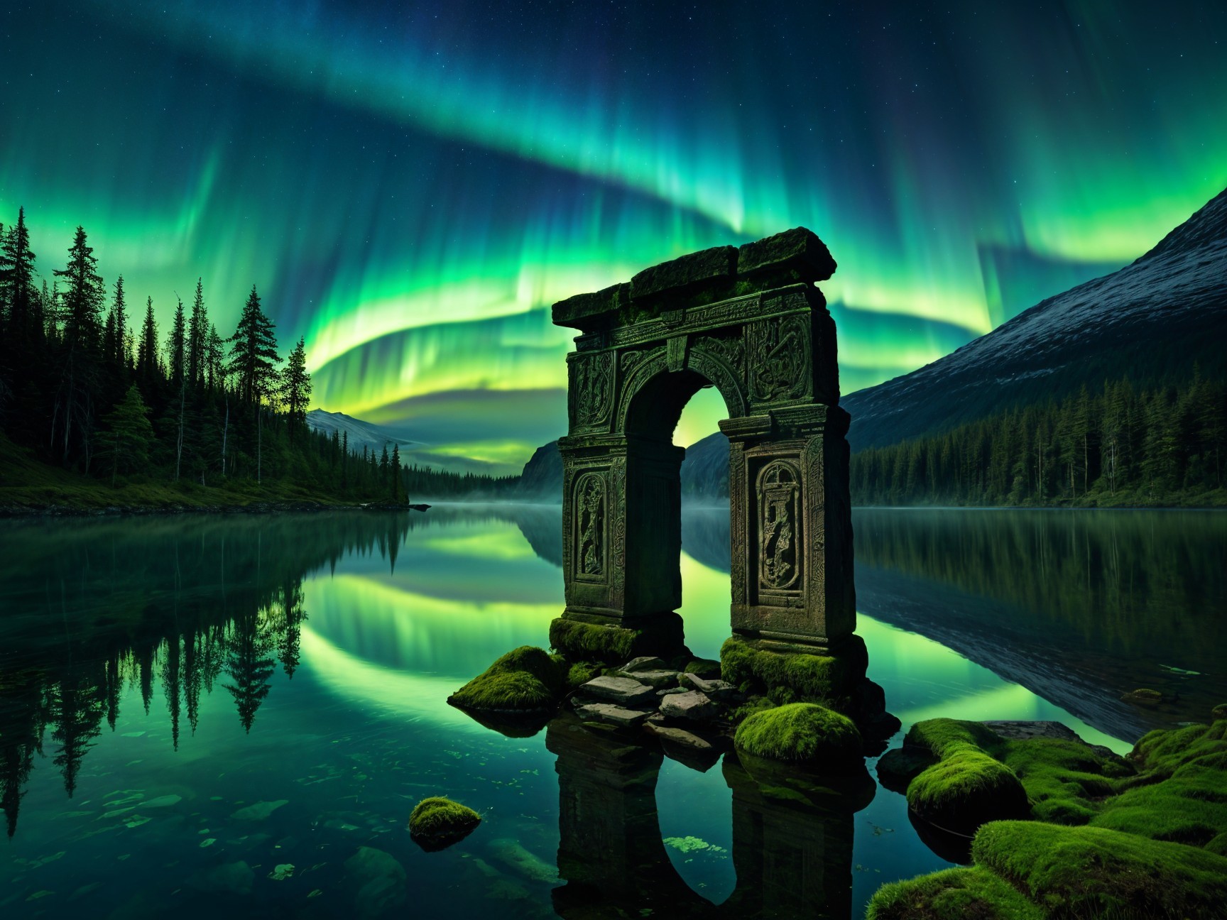Northern Lights Over Serene Lake with Stone Archway