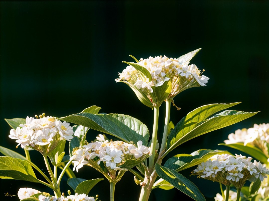 Delicate white flowers with lush green leaves in sunlight