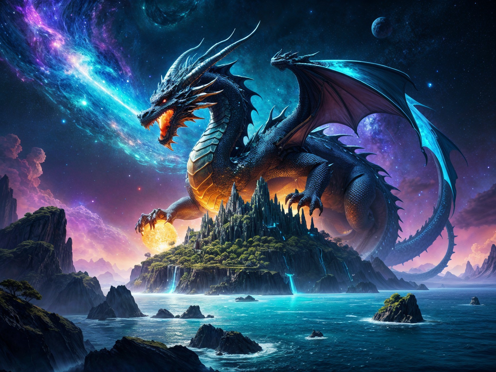 Majestic dragon on a mystical island with galaxies
