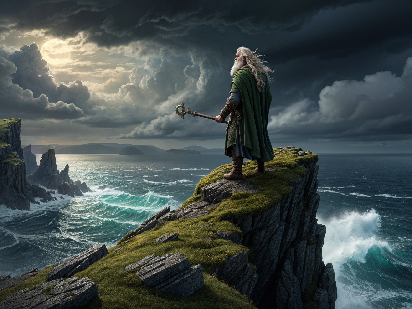 Majestic Figure on Cliff Overlooking Turbulent Ocean