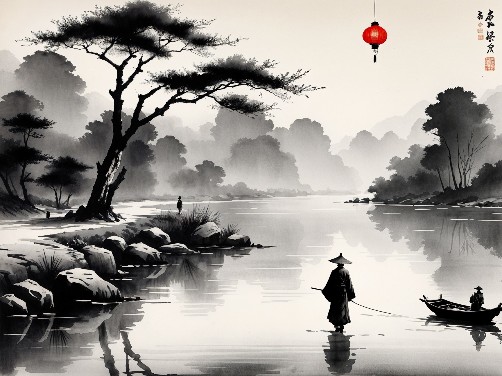 Black and White Landscape with River and Lantern
