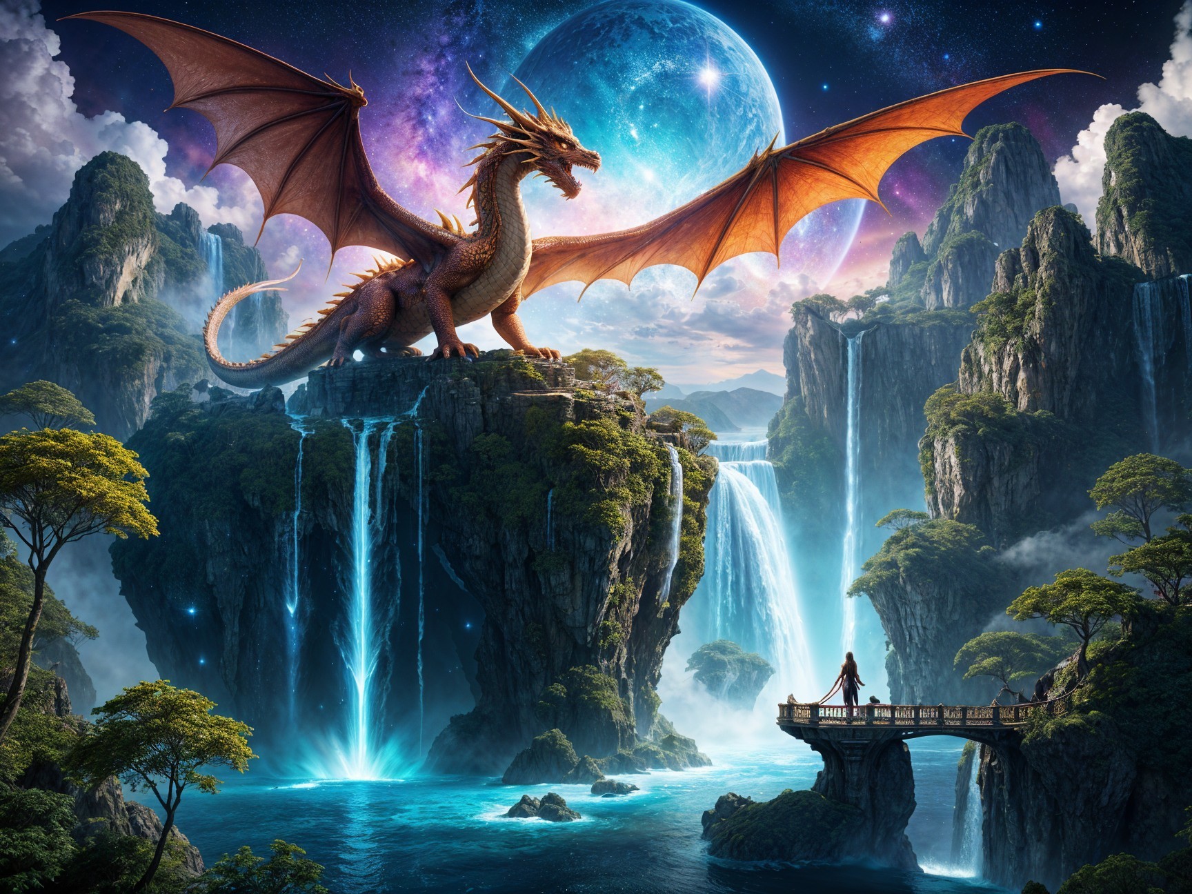 Majestic dragon over serene lake in a fantasy landscape