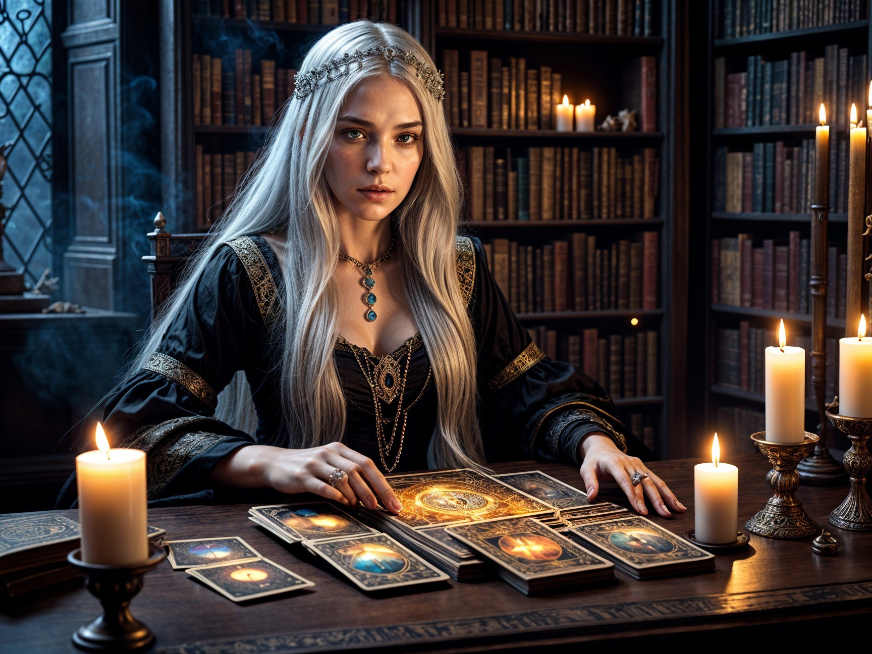 Mystical Room with Tarot Cards and Candlelight