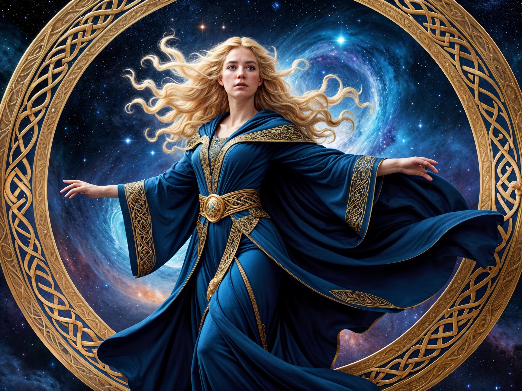 Mystical figure in blue robe within golden frame
