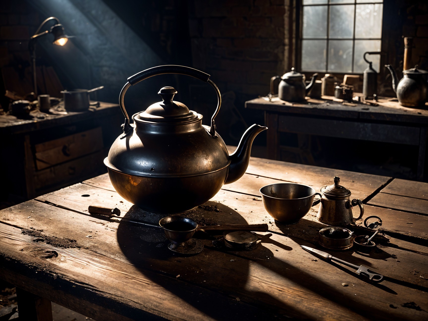 Elegant Dark Metal Teapot in Rustic Workshop Setting