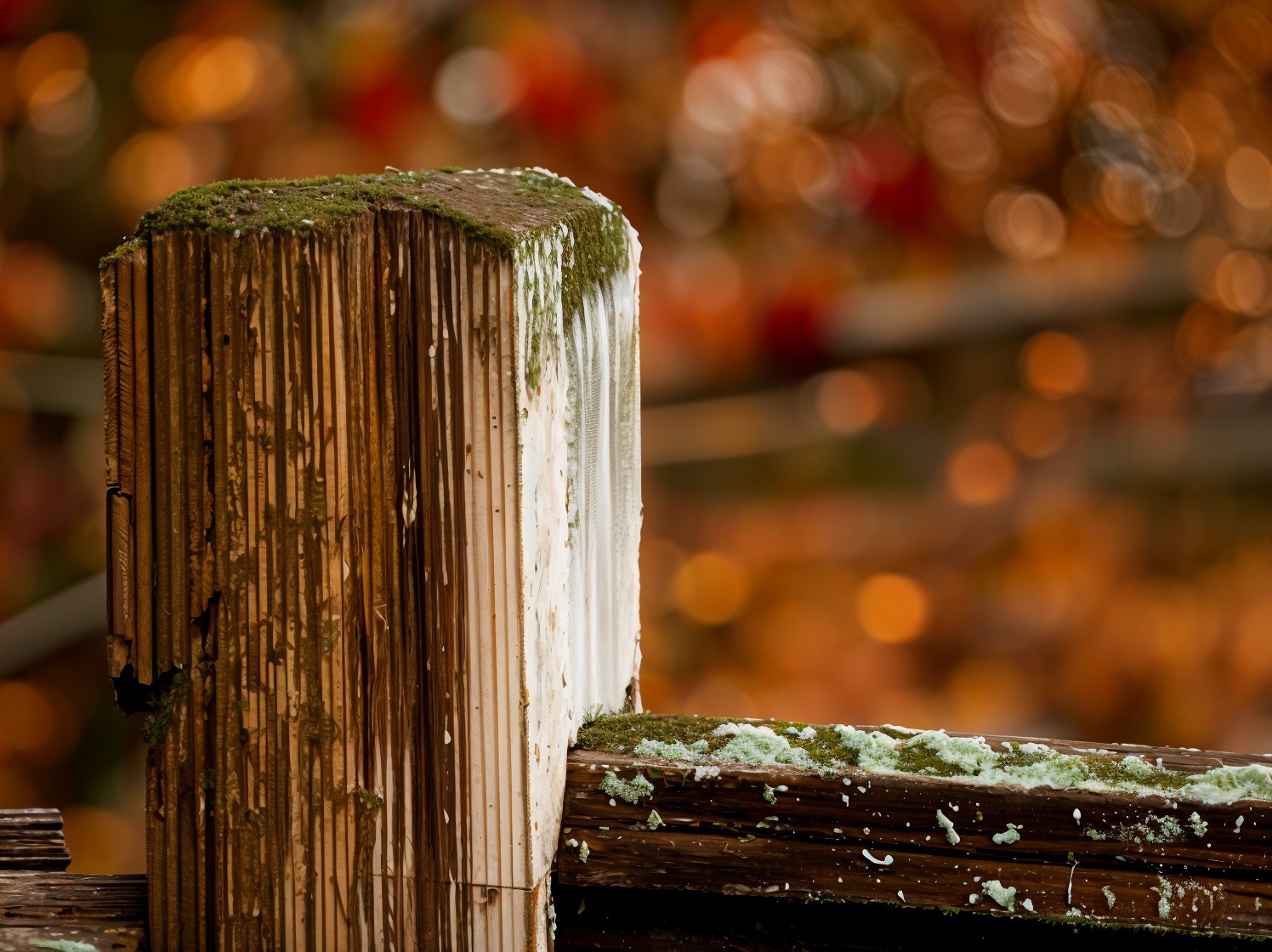 Close-Up of Weathered Wooden Post with Autumn Background
