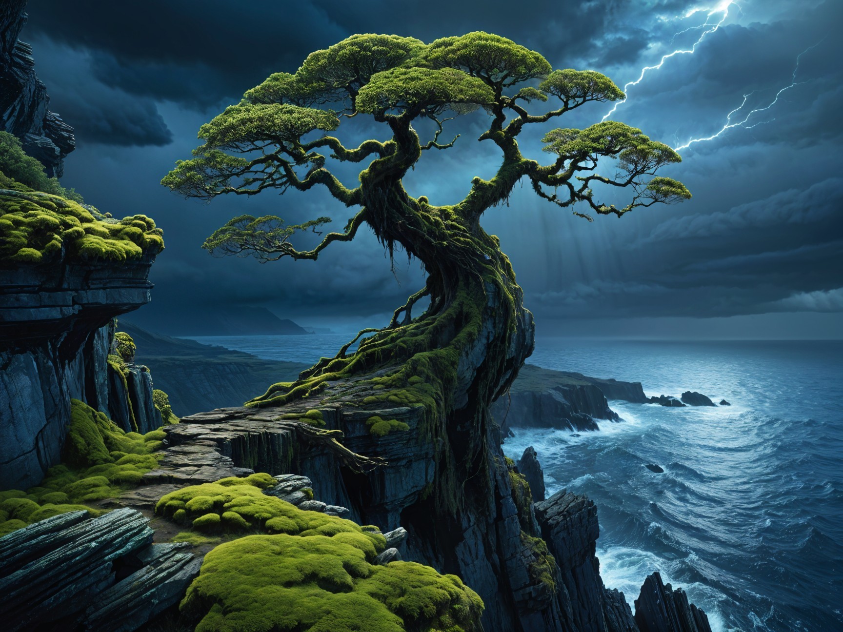 Twisted Tree on Mossy Cliff Under Stormy Sky
