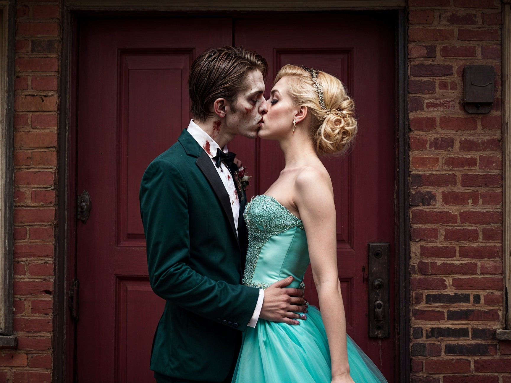 Couple Kissing in Front of Rustic Brick Wall
