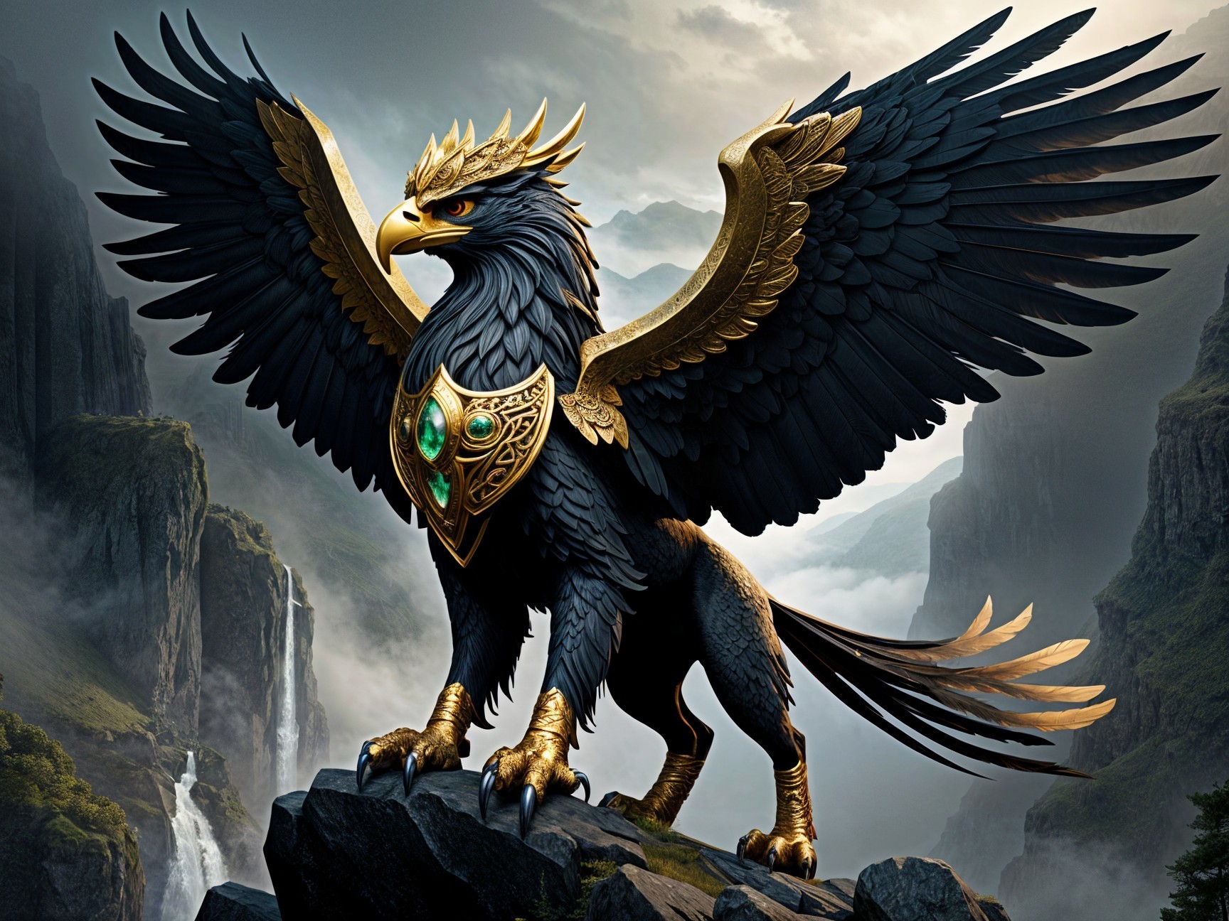 Majestic griffin with golden armor on rocky outcrop