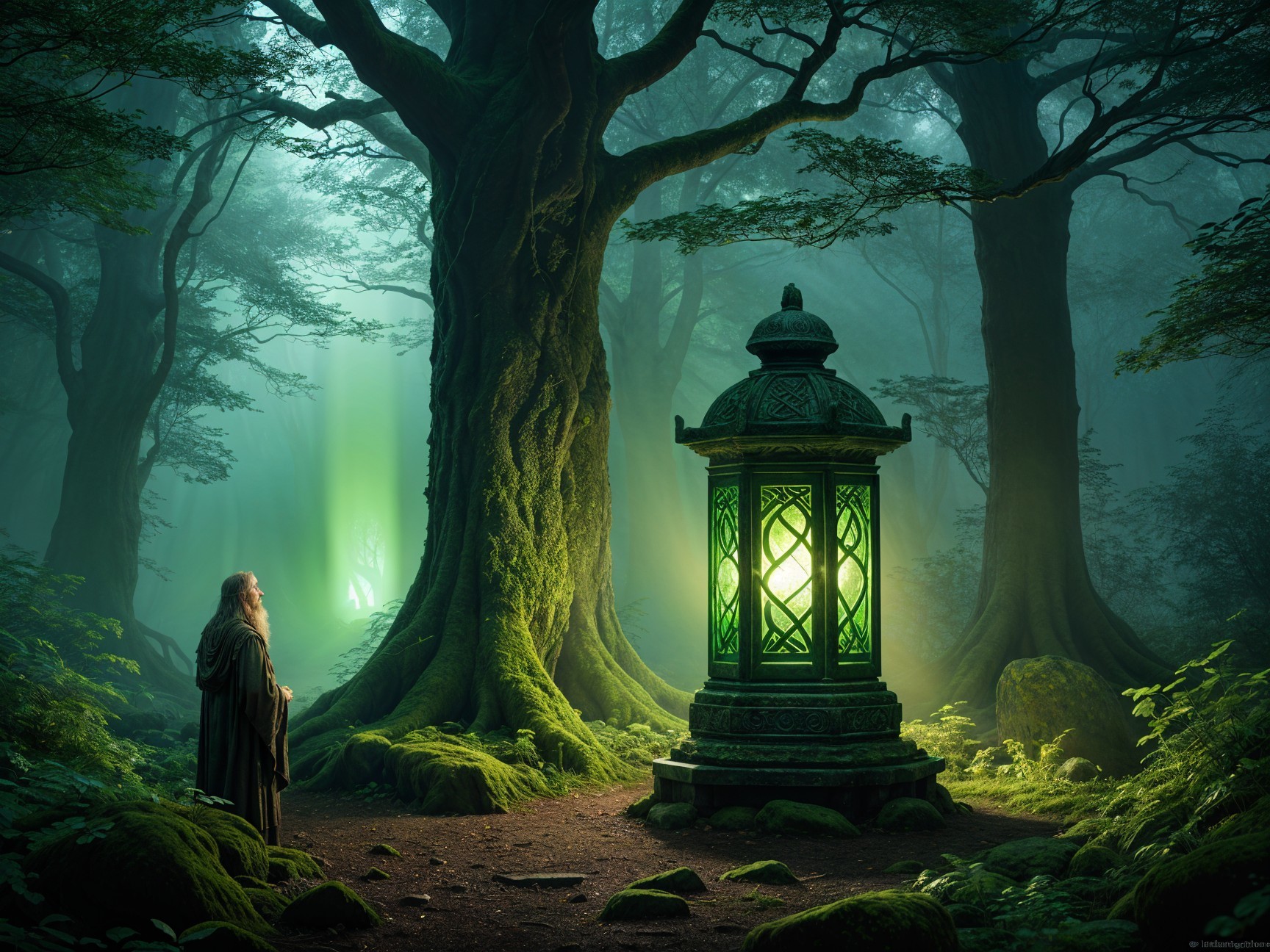 Mystical Forest with Glowing Lantern and Wise Figure