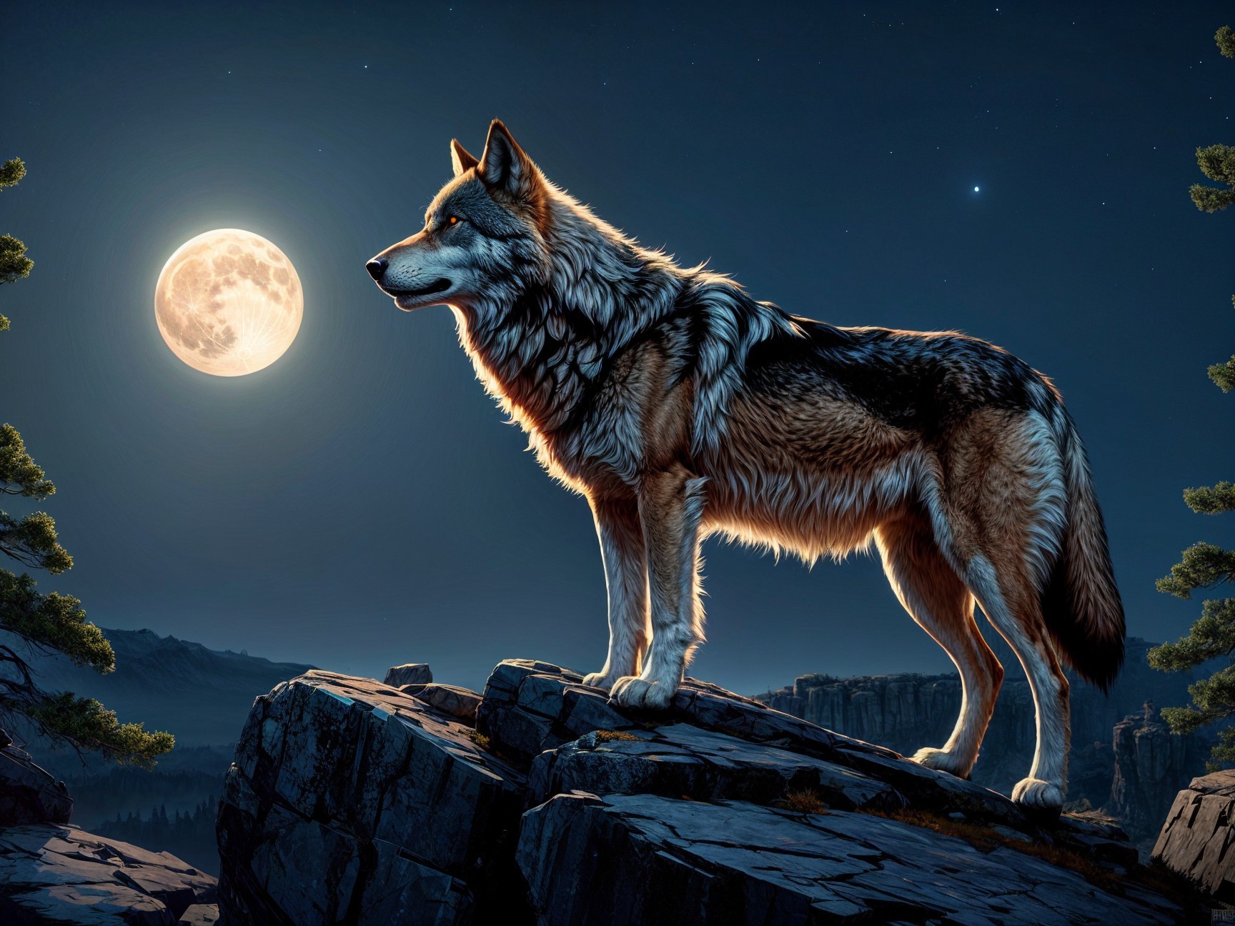 Wolf on Rocky Outcrop Under Full Moonlight