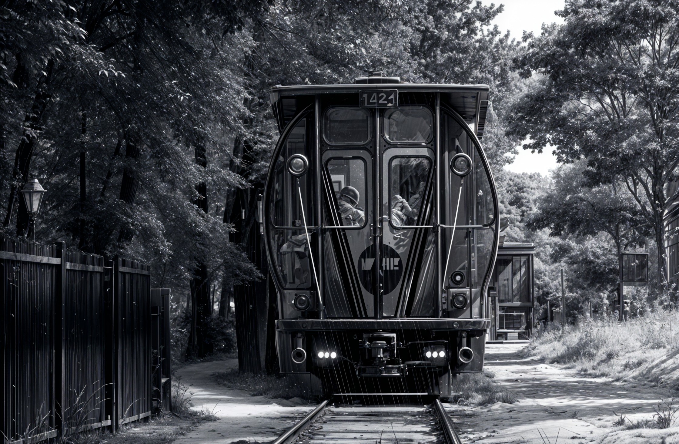 Vintage Train 142 on Narrow Track in Black and White