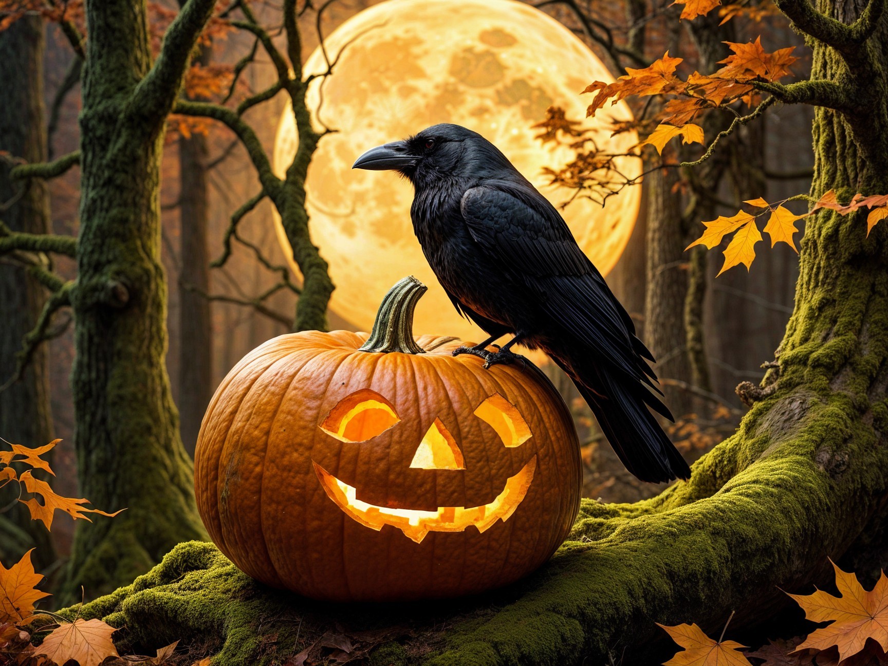 Carved Pumpkin and Raven Under Full Moon Glow
