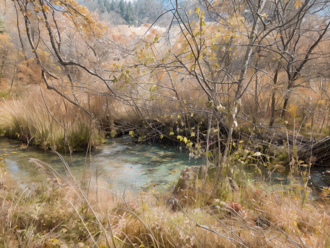 Serene Landscape with Gentle Stream and Autumn Colors