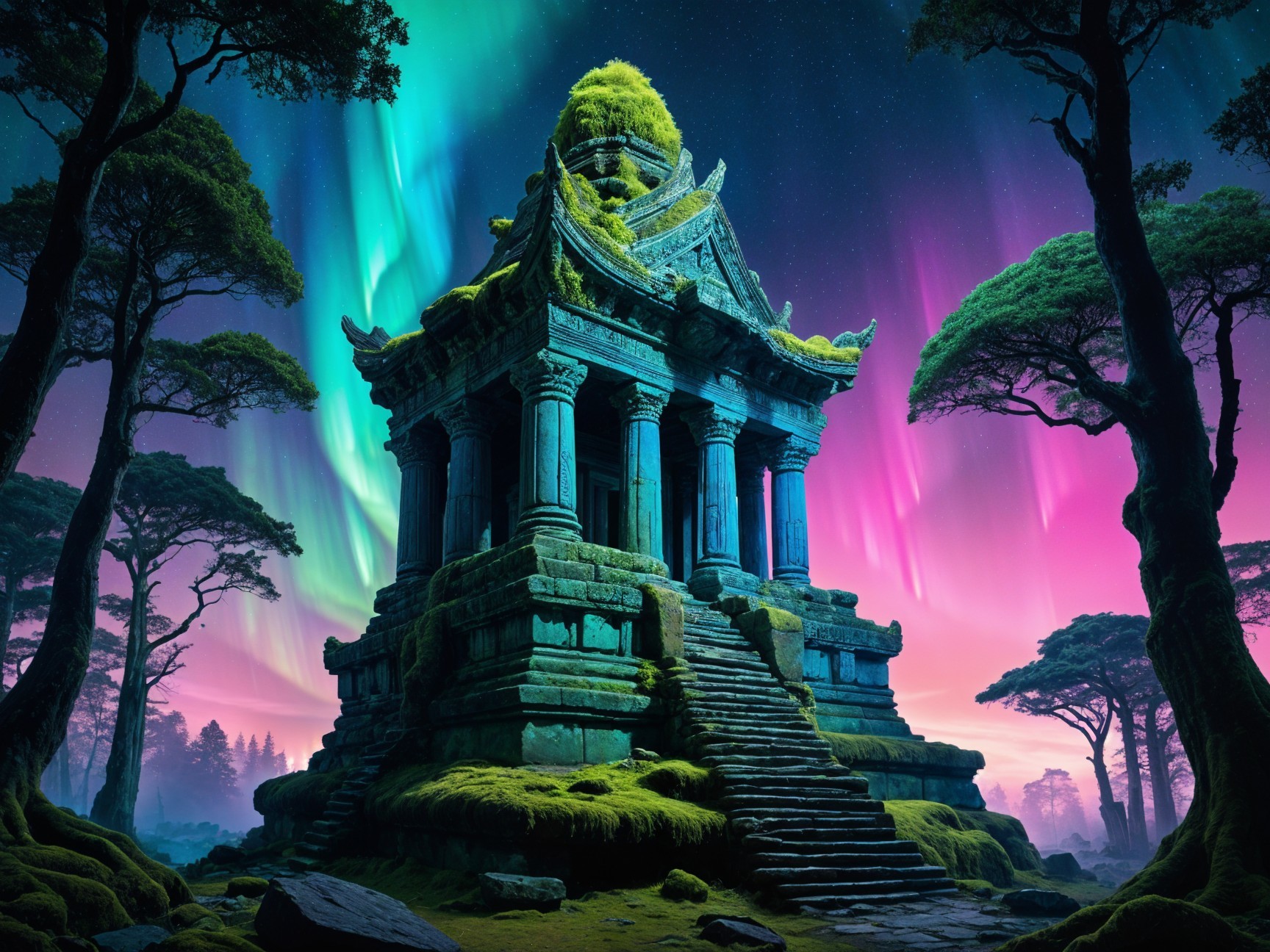 Ancient temple illuminated by aurora borealis colors