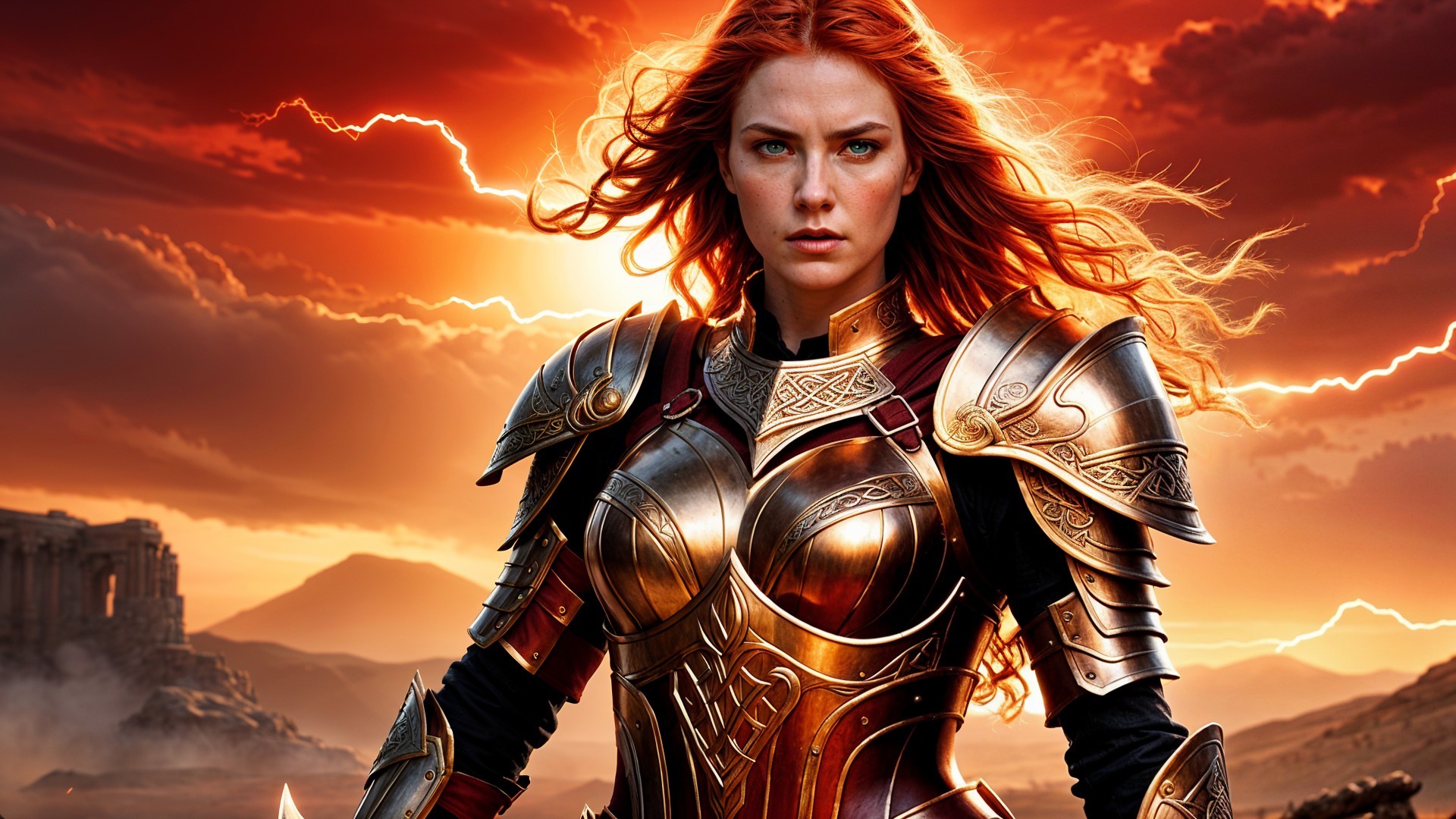 Fierce Warrior in Golden Armor Against Fiery Sunset