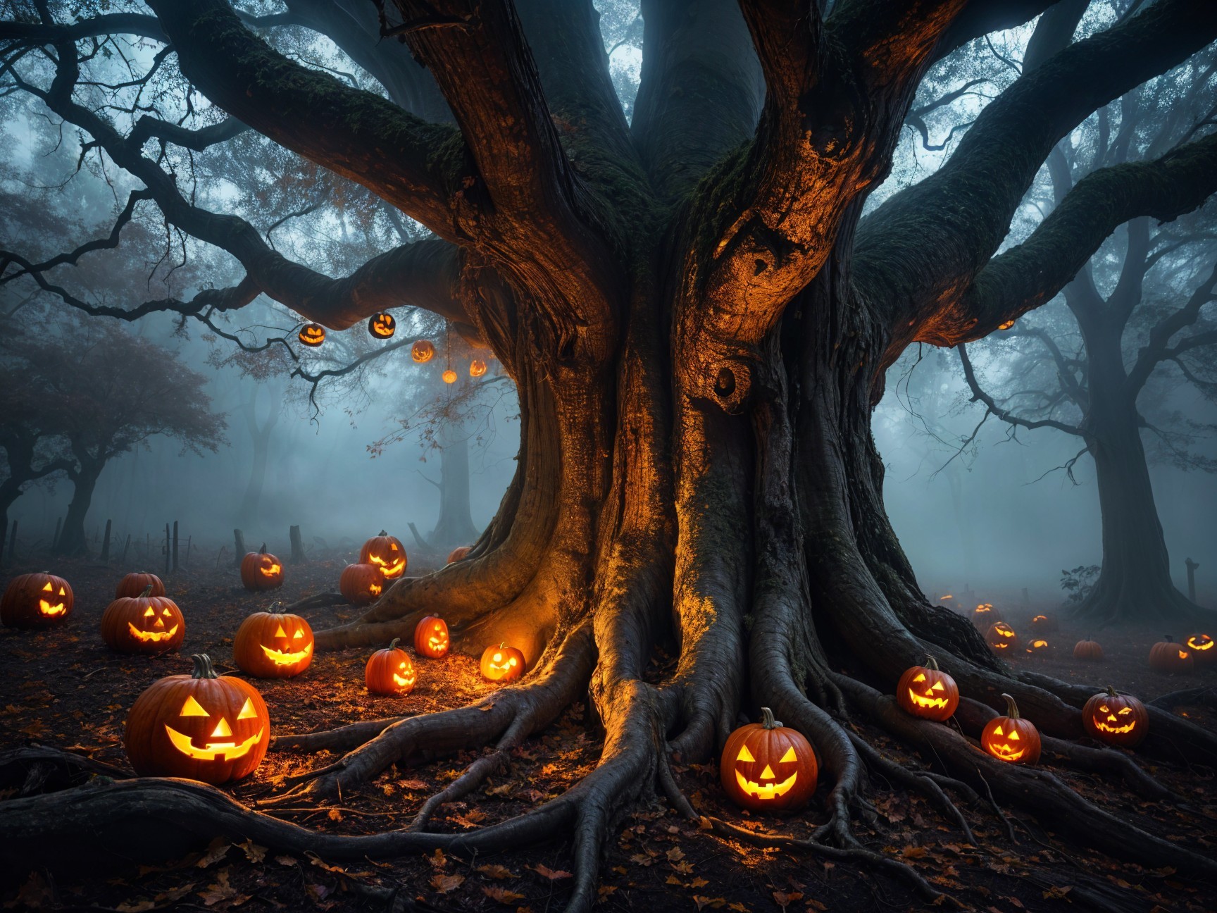 Ancient Tree Surrounded by Glowing Jack-o'-Lanterns