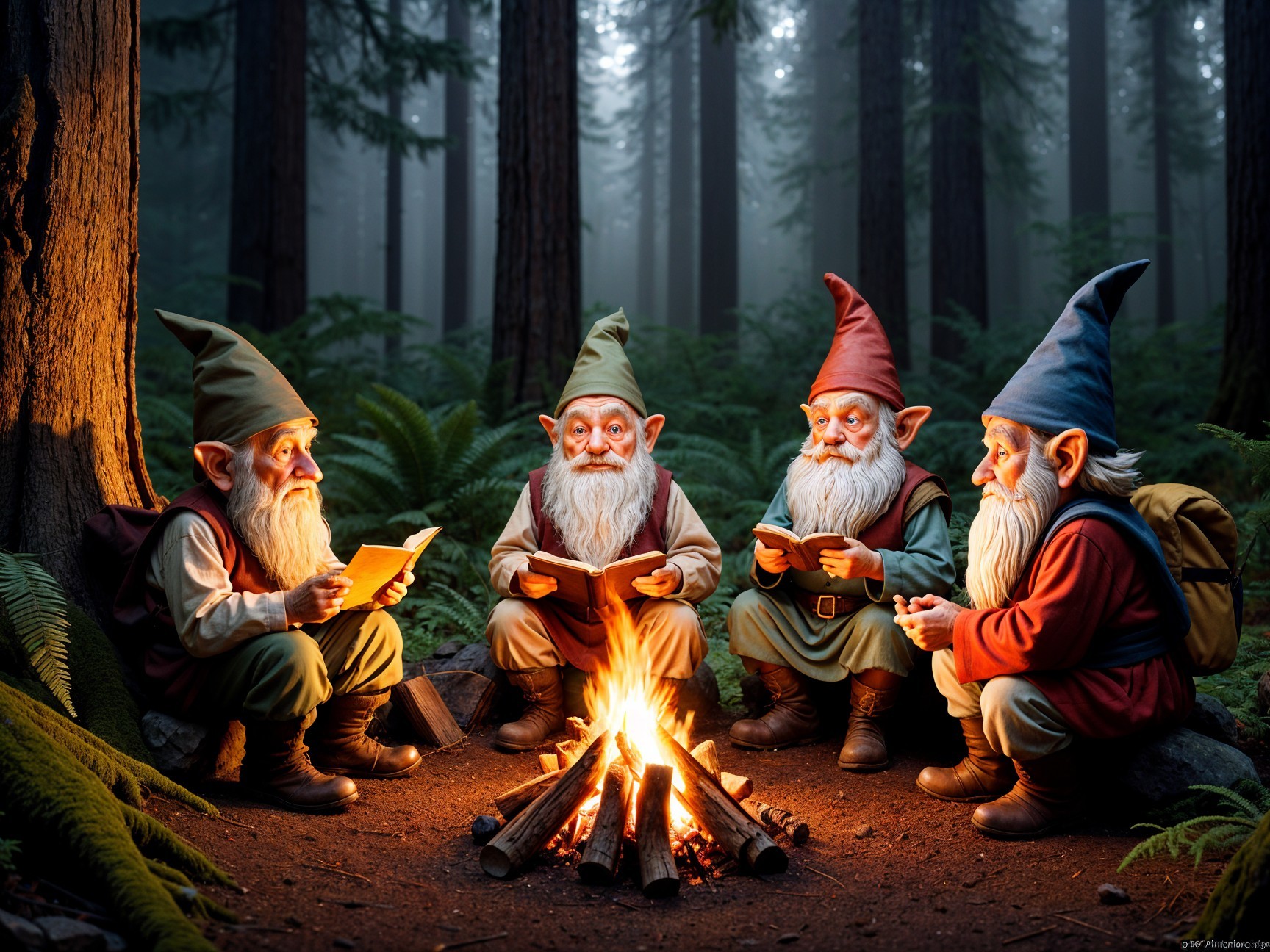 Gnomes Sharing Stories by a Campfire in a Forest