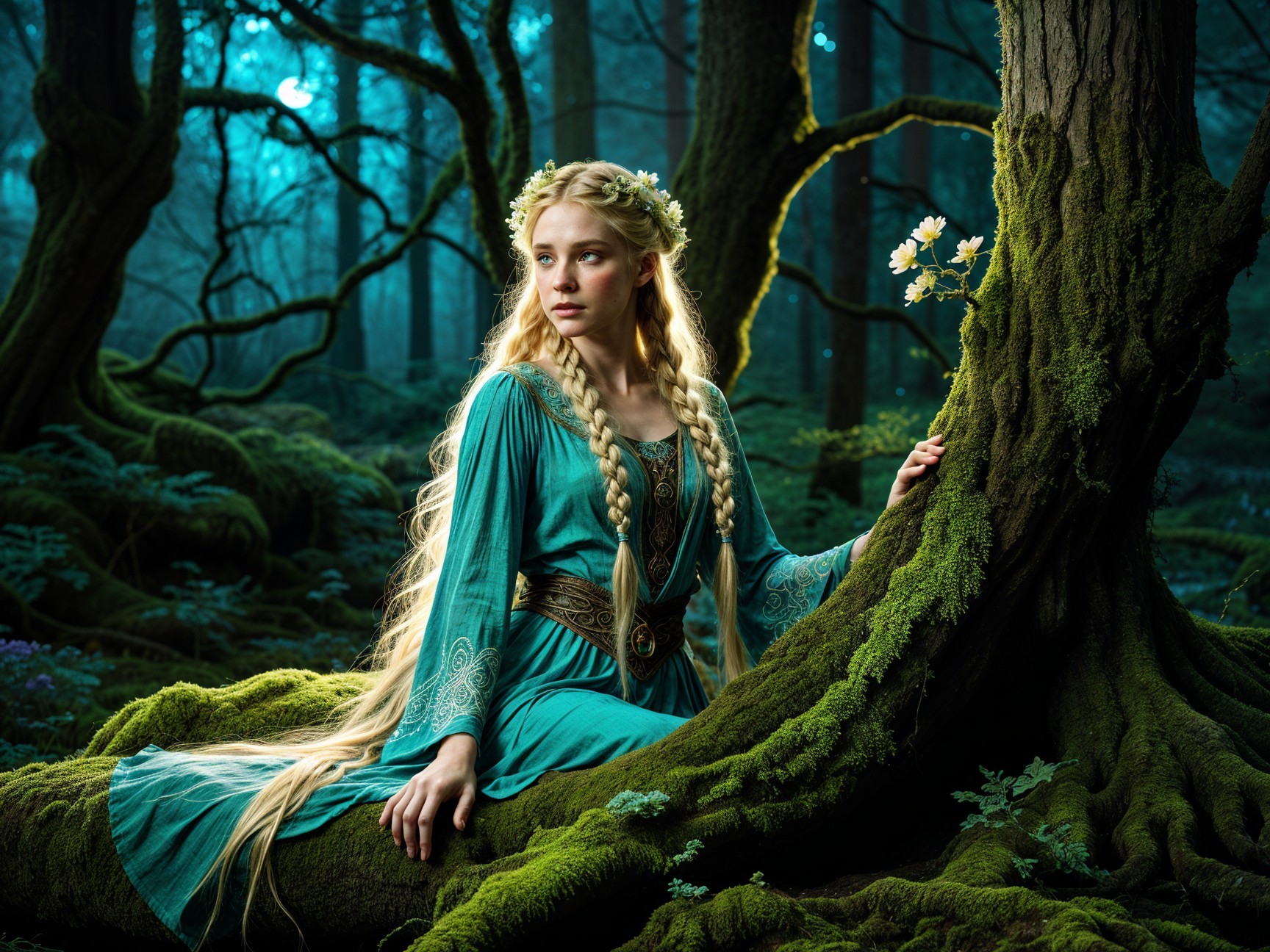 Young Woman in Turquoise Gown in Mystical Forest