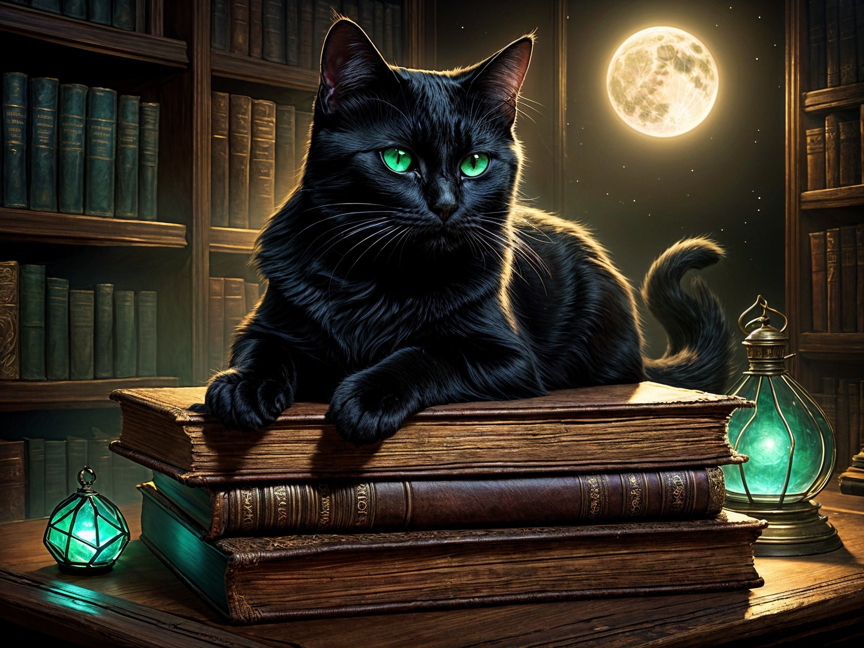 Cozy library scene with a black cat and antique books