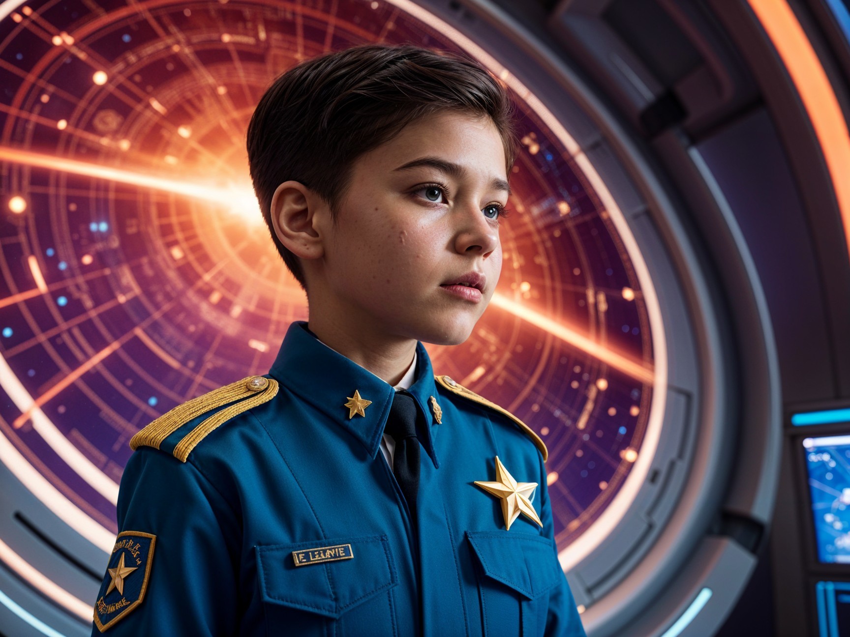 Young Boy in Blue Uniform Against Cosmic Backdrop