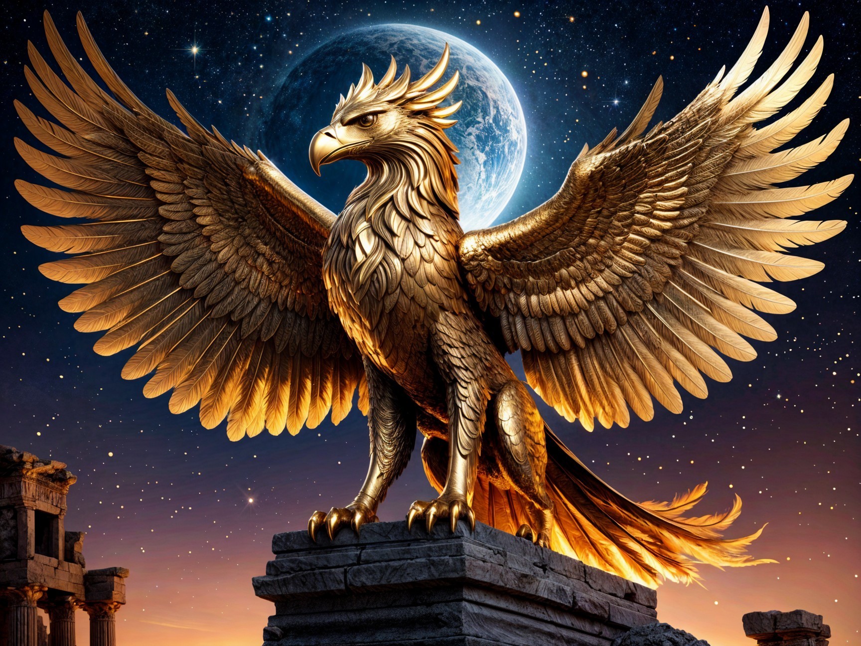 Golden Griffon on Pedestal with Celestial Moon Background