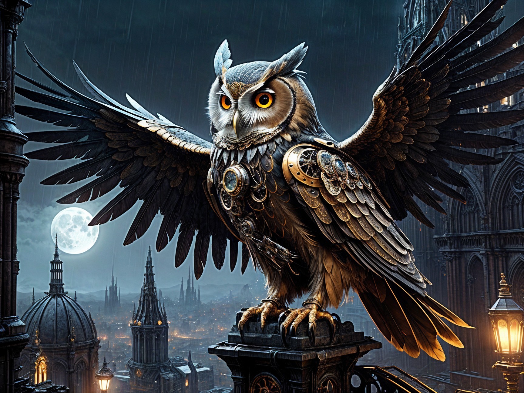 Steampunk Mechanical Owl Overlooking Moonlit City