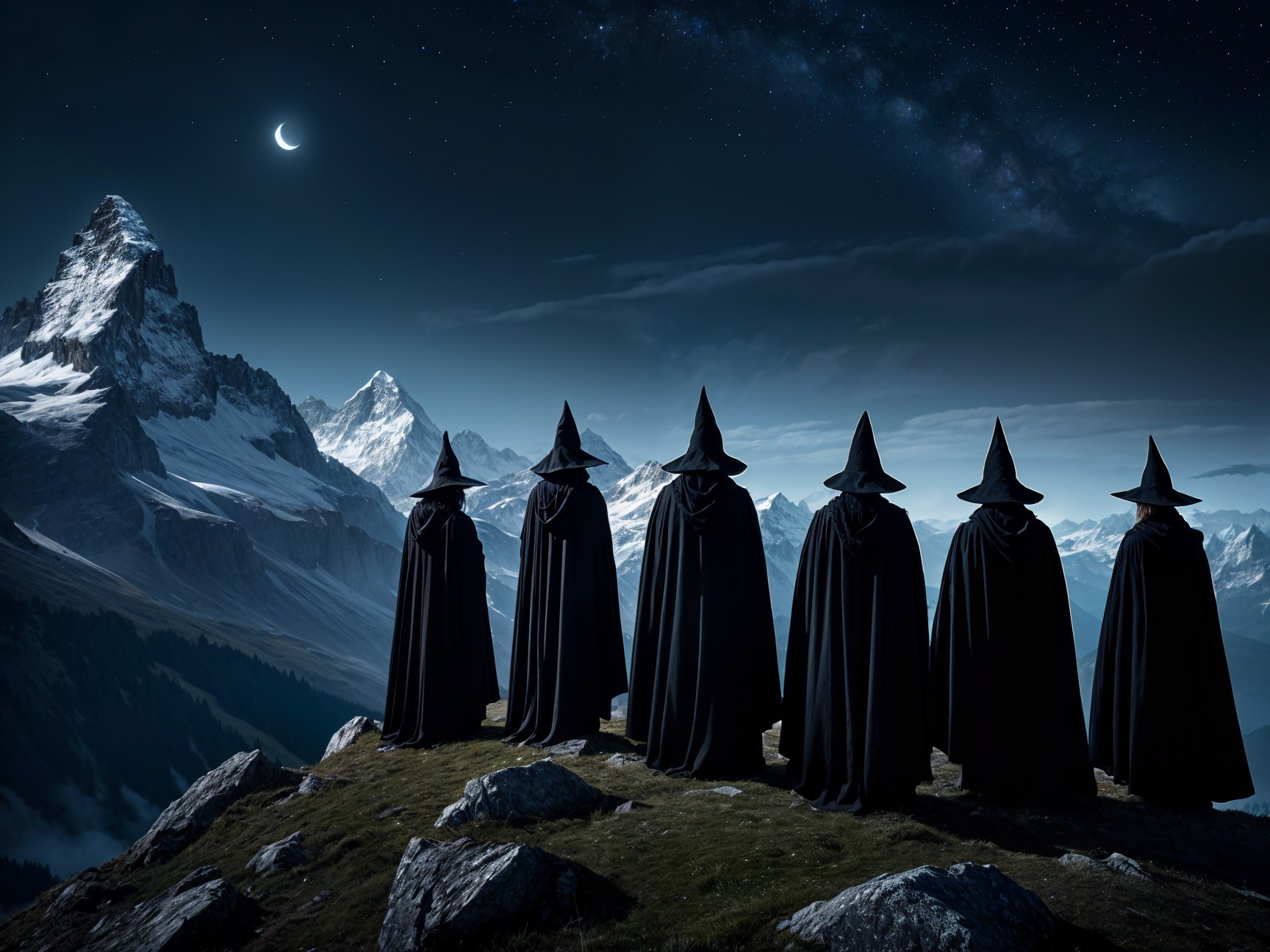 Cloaked Figures on Rocky Hill Under Night Sky