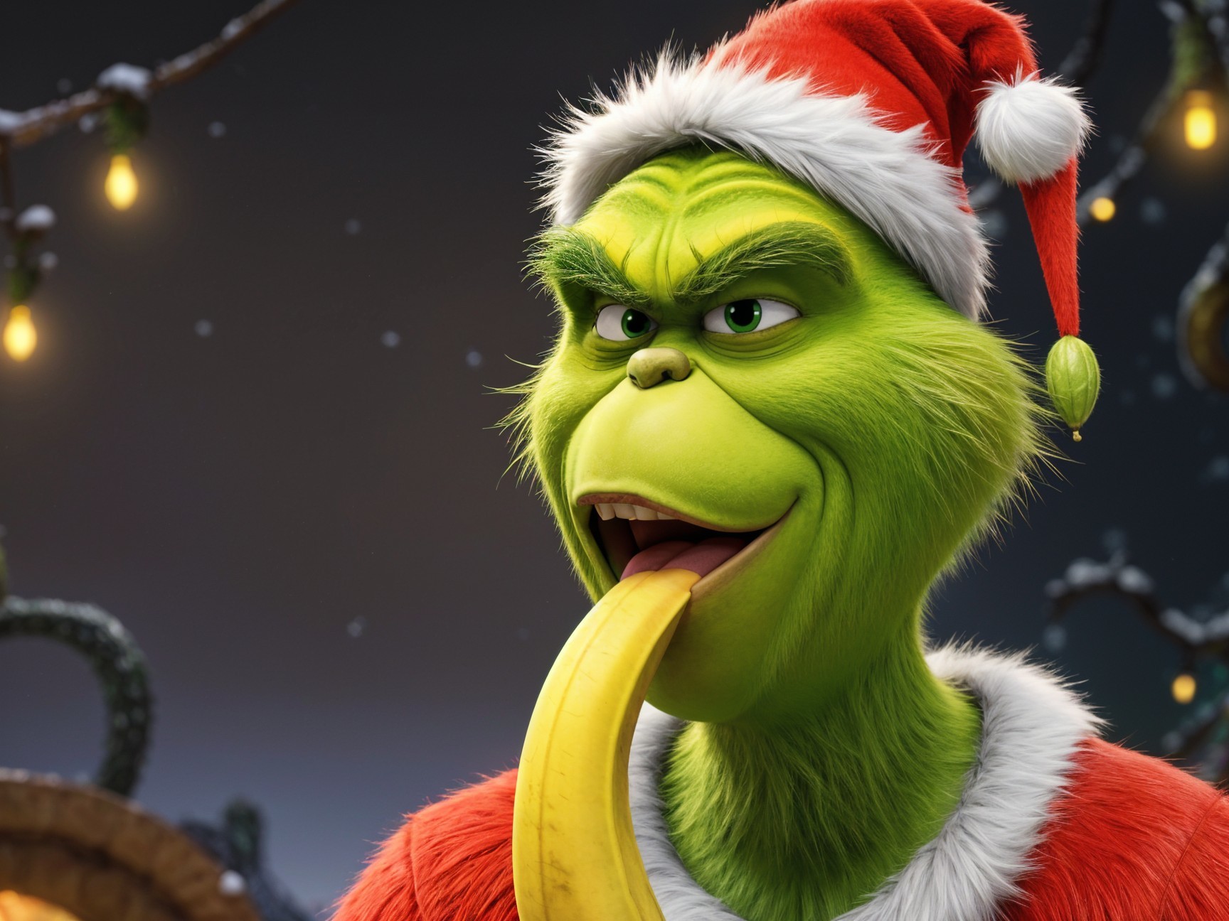 Whimsical Grinch in Santa Hat with Banana and Lights
