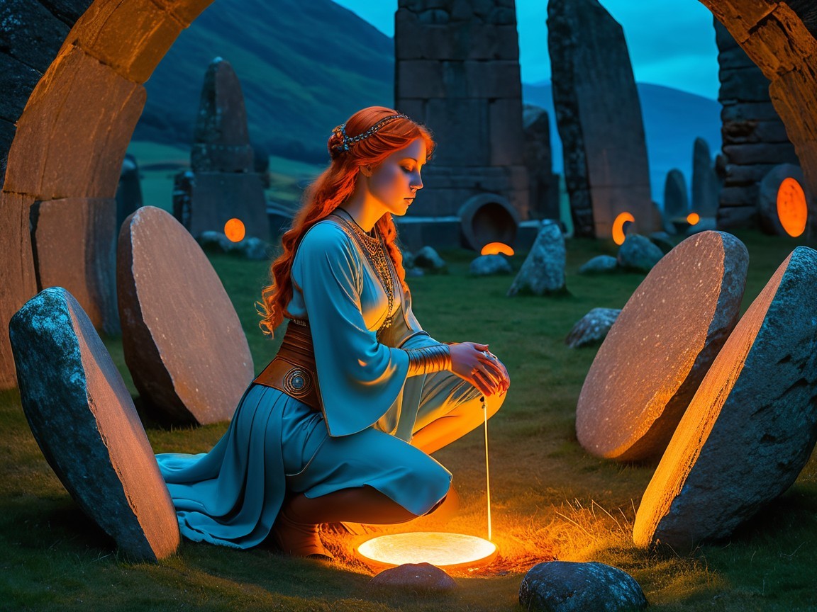 Mystical Dusk Scene with Woman and Glowing Stone