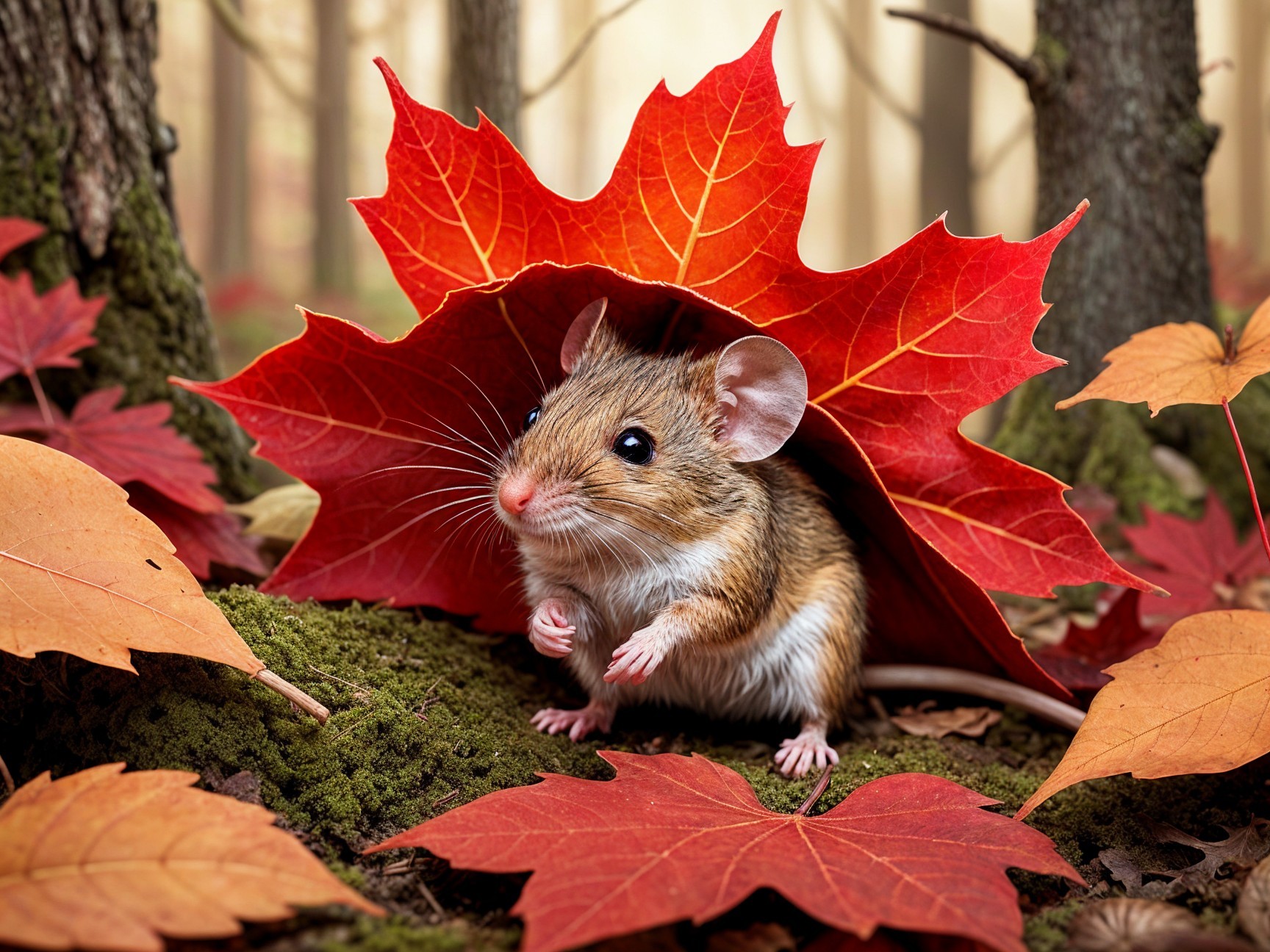 Mouse Among Autumn Leaves on Forest Floor