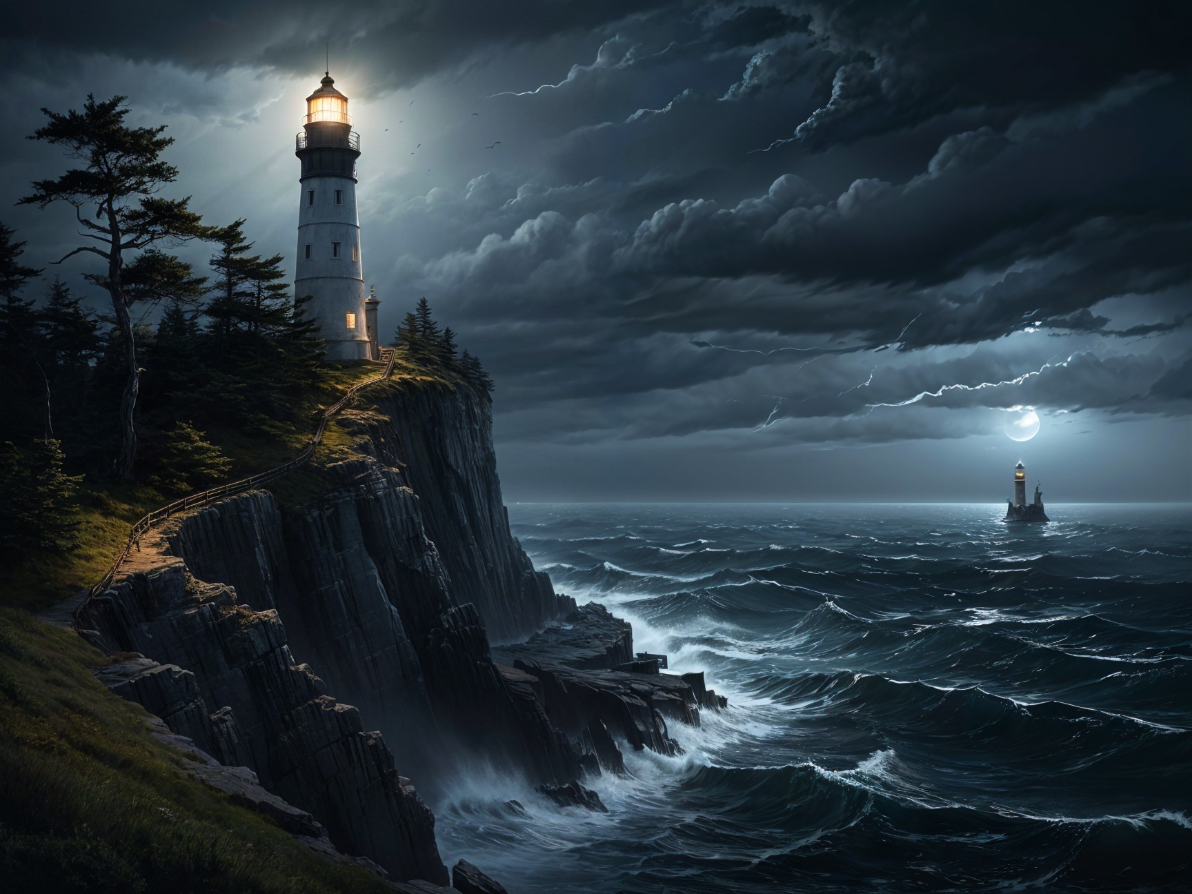 Dramatic Coastal Scene with Lighthouses and Stormy Sky