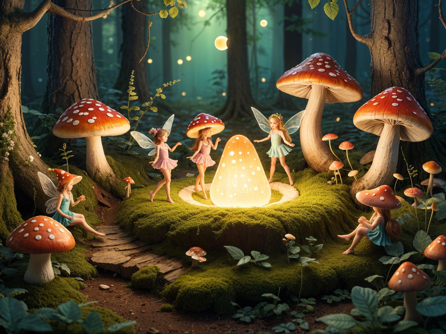 Fairies Dancing Around Glowing Mushroom in Forest Clearing